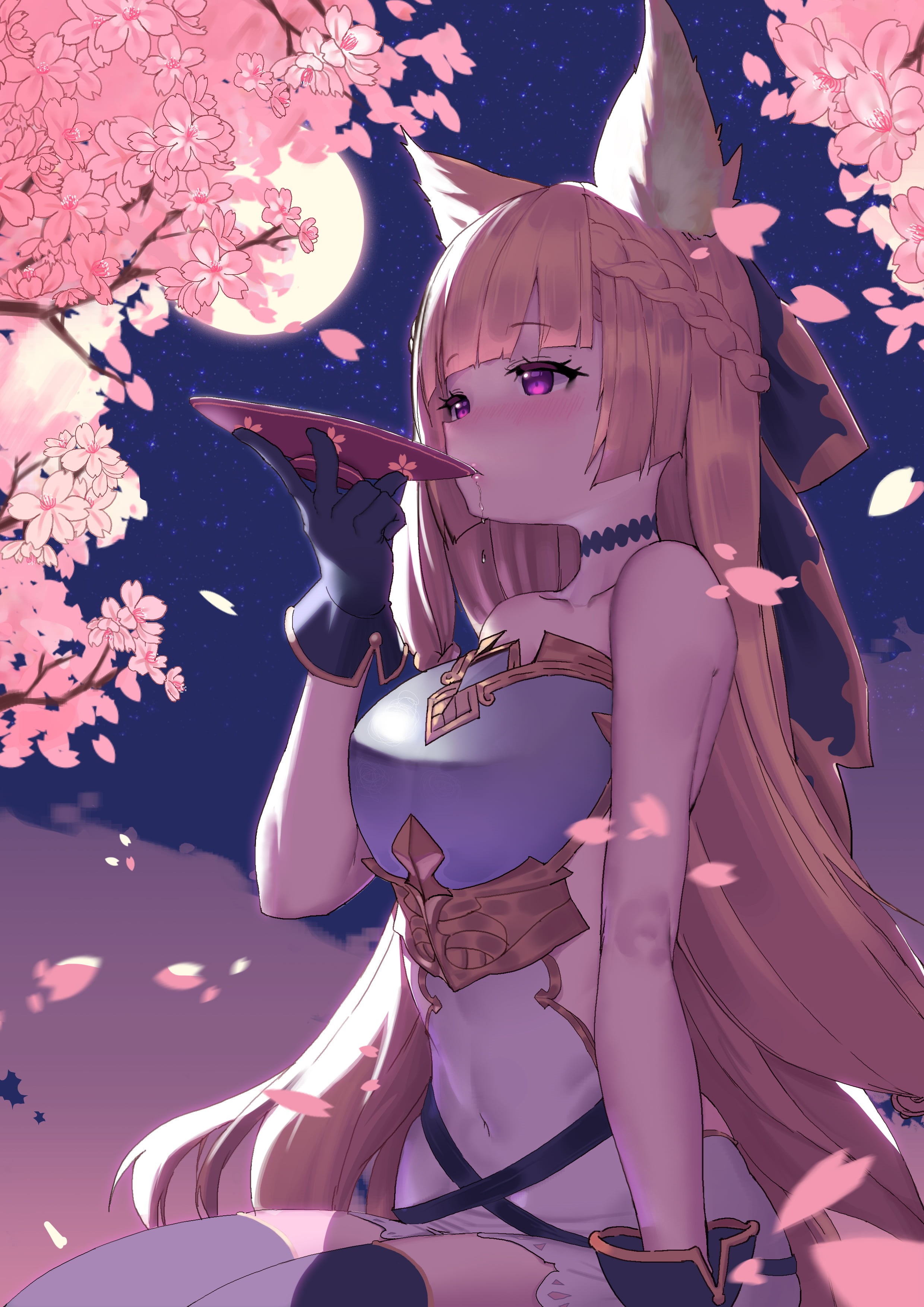 2K, artwork, anime girls, cherry blossom, dress, gloves, bangs, night, looking away, digital art, Tigersaber, blonde, sake, Yuisis (Granblue Fantasy), Phone HD Wallpaper