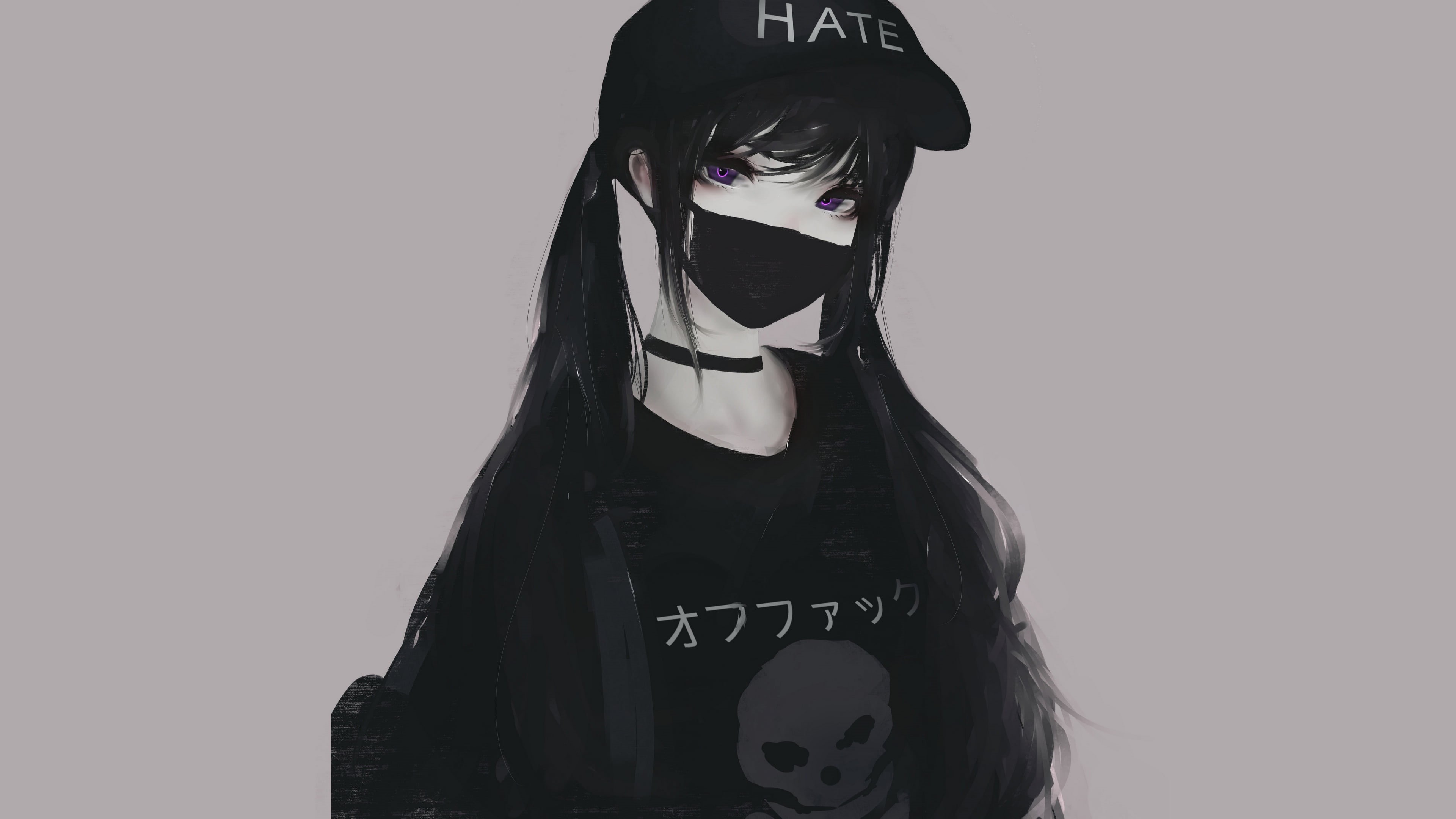 Art, Hate, Girl, Drawing, Choker, T-shirt, Surgical mask, Sake, Pretty, Violet, Black, Style, Cap, Anime, Empty background, Chinstrap, Urban, 4K, HD Wallpaper