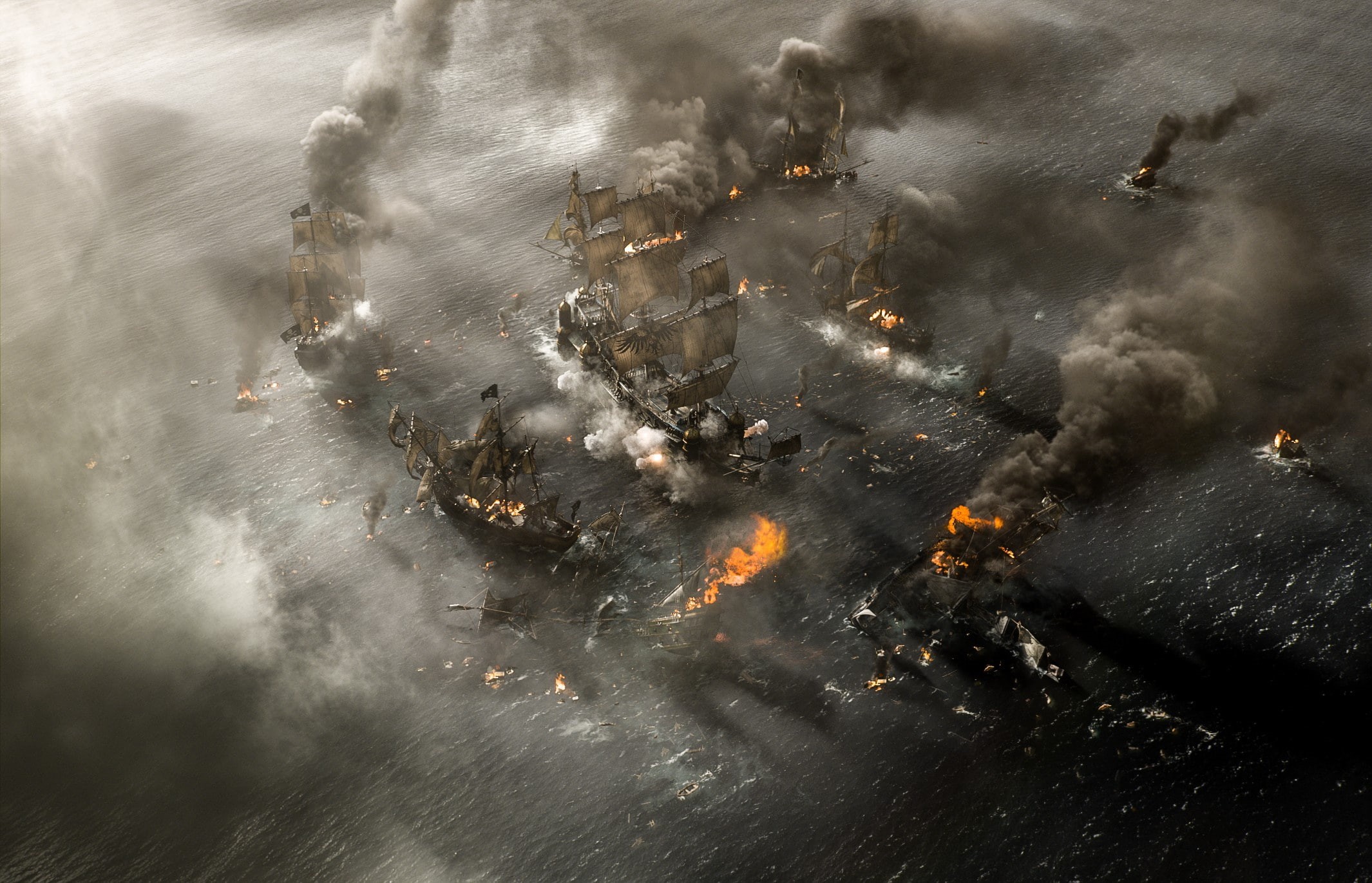 kaizoku, movie, spark, cannons, Pirates of The Caribbean, war, ships, smoke, flame, cinema, Pirates of The Caribbean: Dead Men Tell No Tales, 1080P, battle, HD Wallpaper