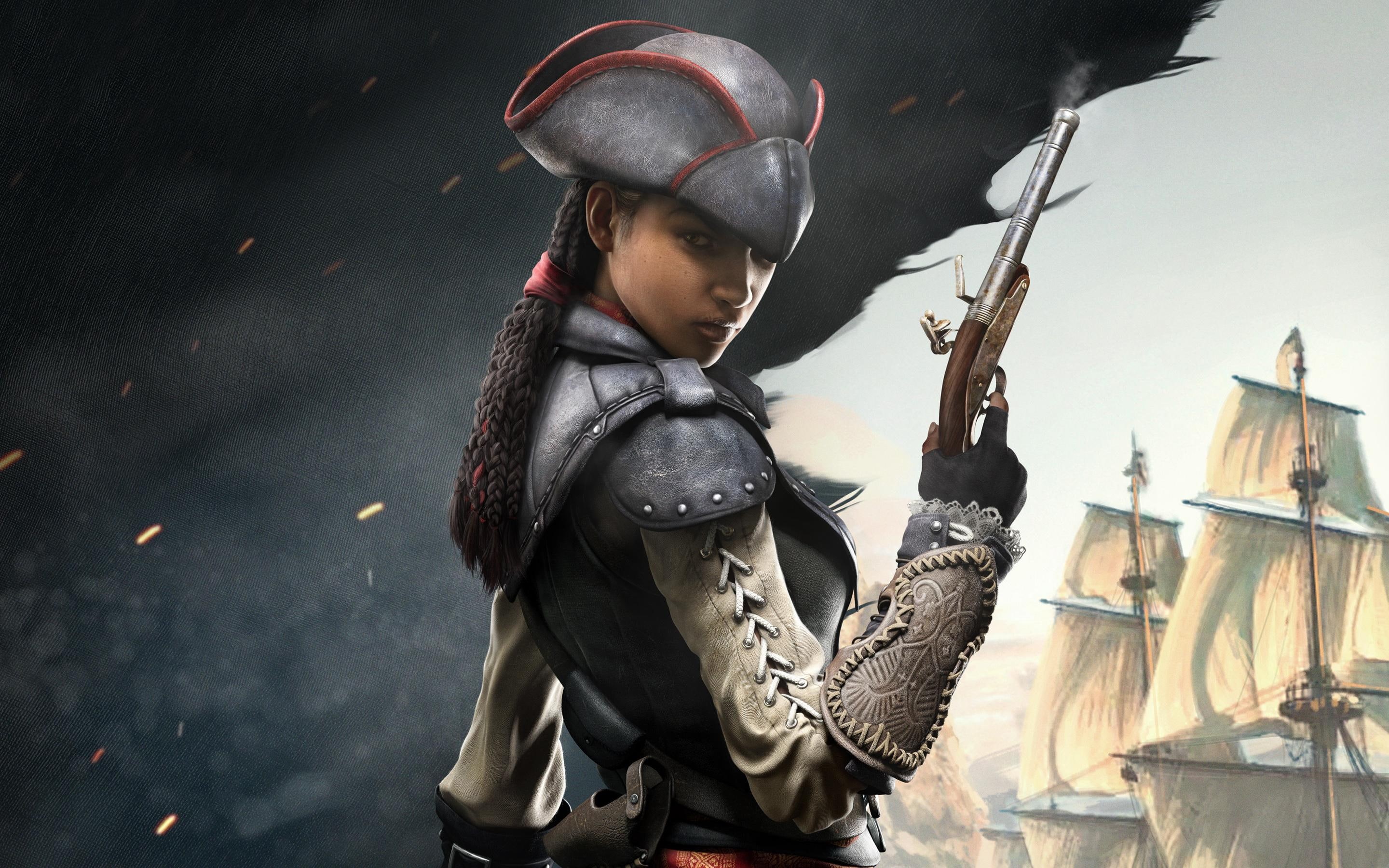 character, aveline, assassins, s, assassin, liberation, creed, female, flag, black, 2K, HD Wallpaper