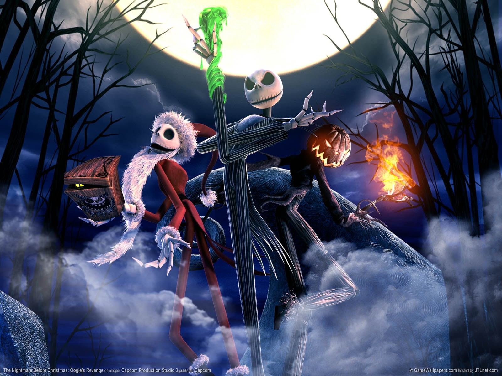 video games, tree, burning, fire - natural phenomenon, flame, animal, skellington, 720P, animal representation, heat - temperature, jack, animal themes, HD Wallpaper