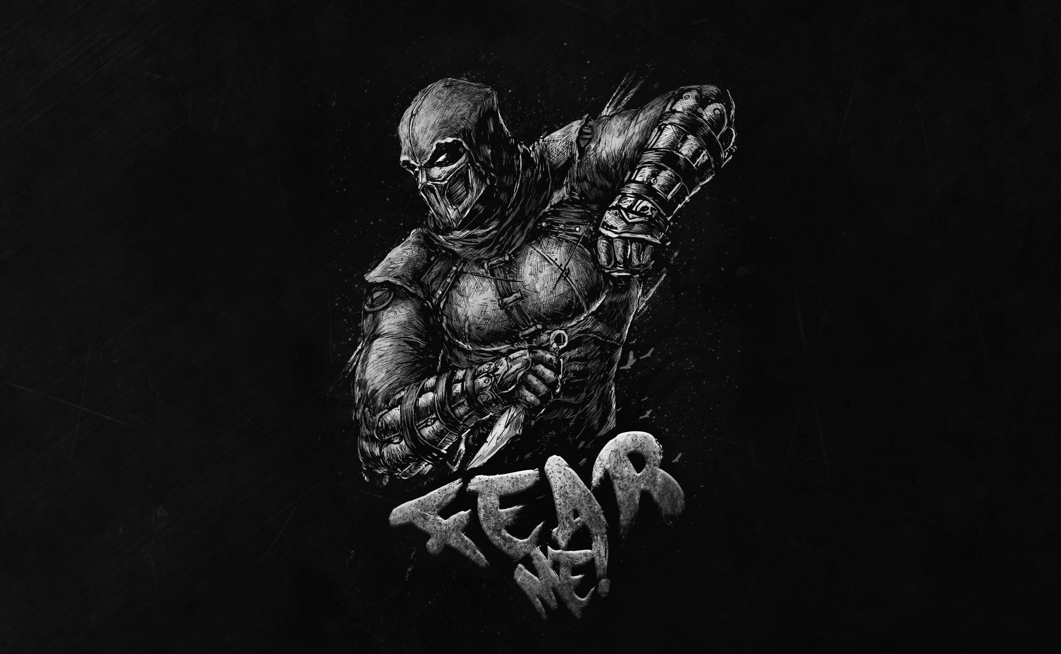 Noob Saibot, simple background, video games, Mortal Kombat, monochrome, 2K, Video Game Warriors, HD Wallpaper