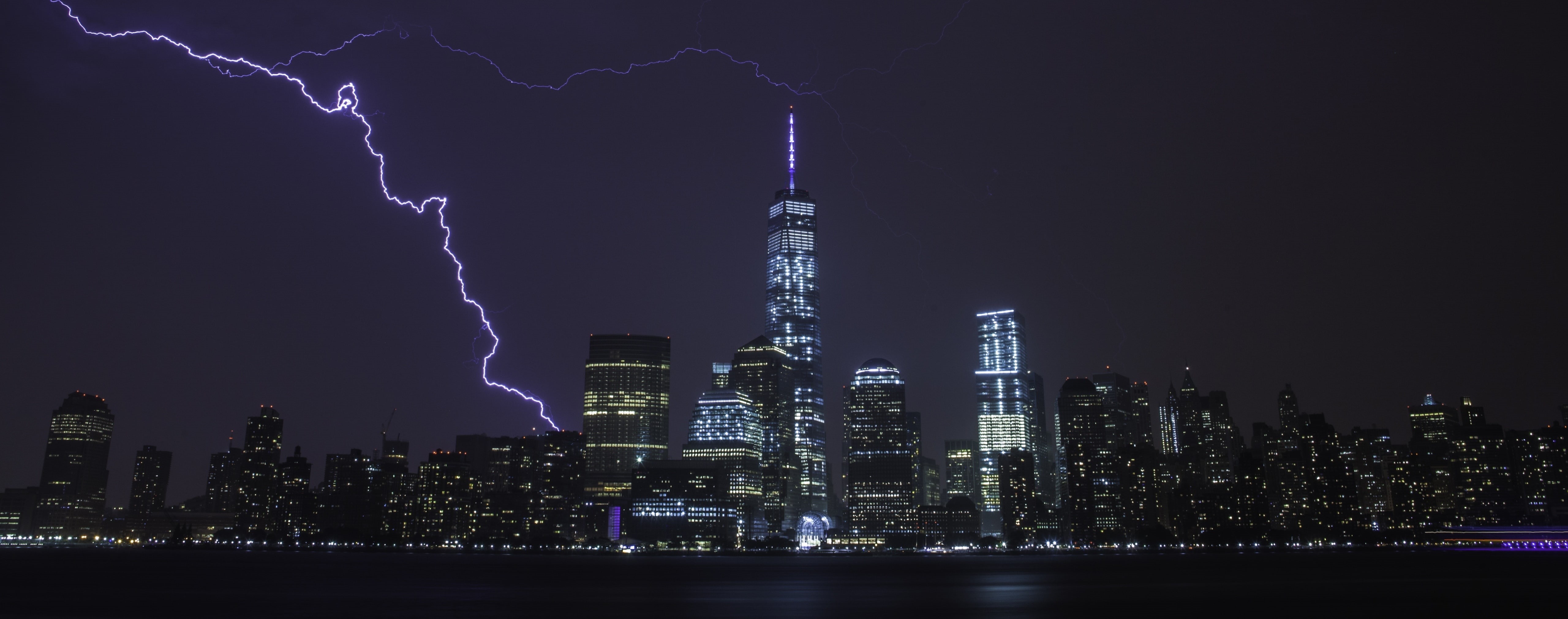 Skyscrapers, thunderstorm, Lights, nature, purple, no people, 5K, tall - high, financial district, landscape, Lightning, modern, illuminated, Weather, HD Wallpaper
