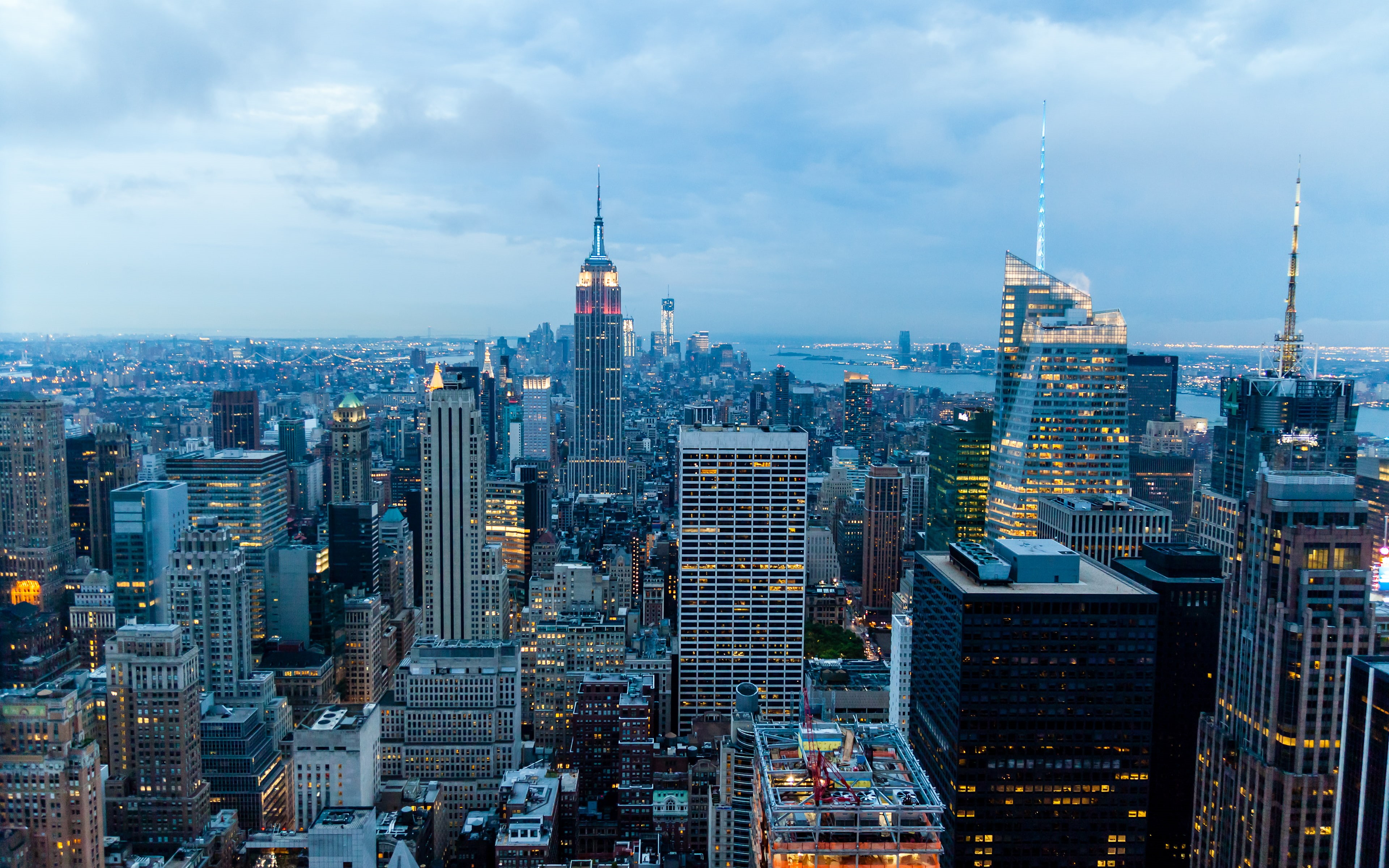 landmarks, 30rockefellerplaza, rock, cityscape, skyscrapers, city, urban, dusk, citylights, newyorkcity, sunset, newyork, bluehour, 4K, photography, top, HD Wallpaper