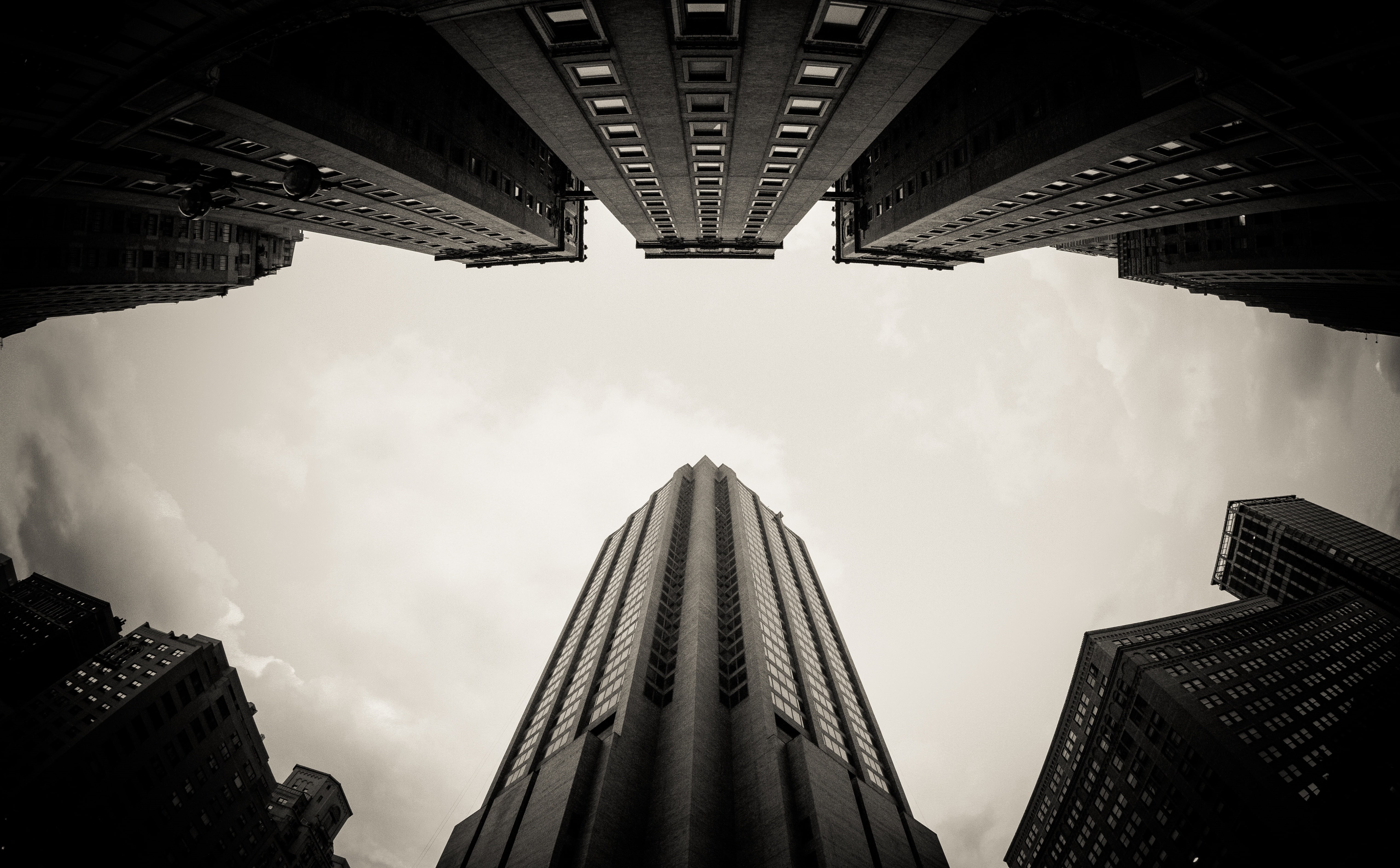 5K, photography, travel, newyorkcity, fisheyelens, outdoors, Monochrome, york, financial district, city, Buildings, office building exterior, travel destinations, HD Wallpaper