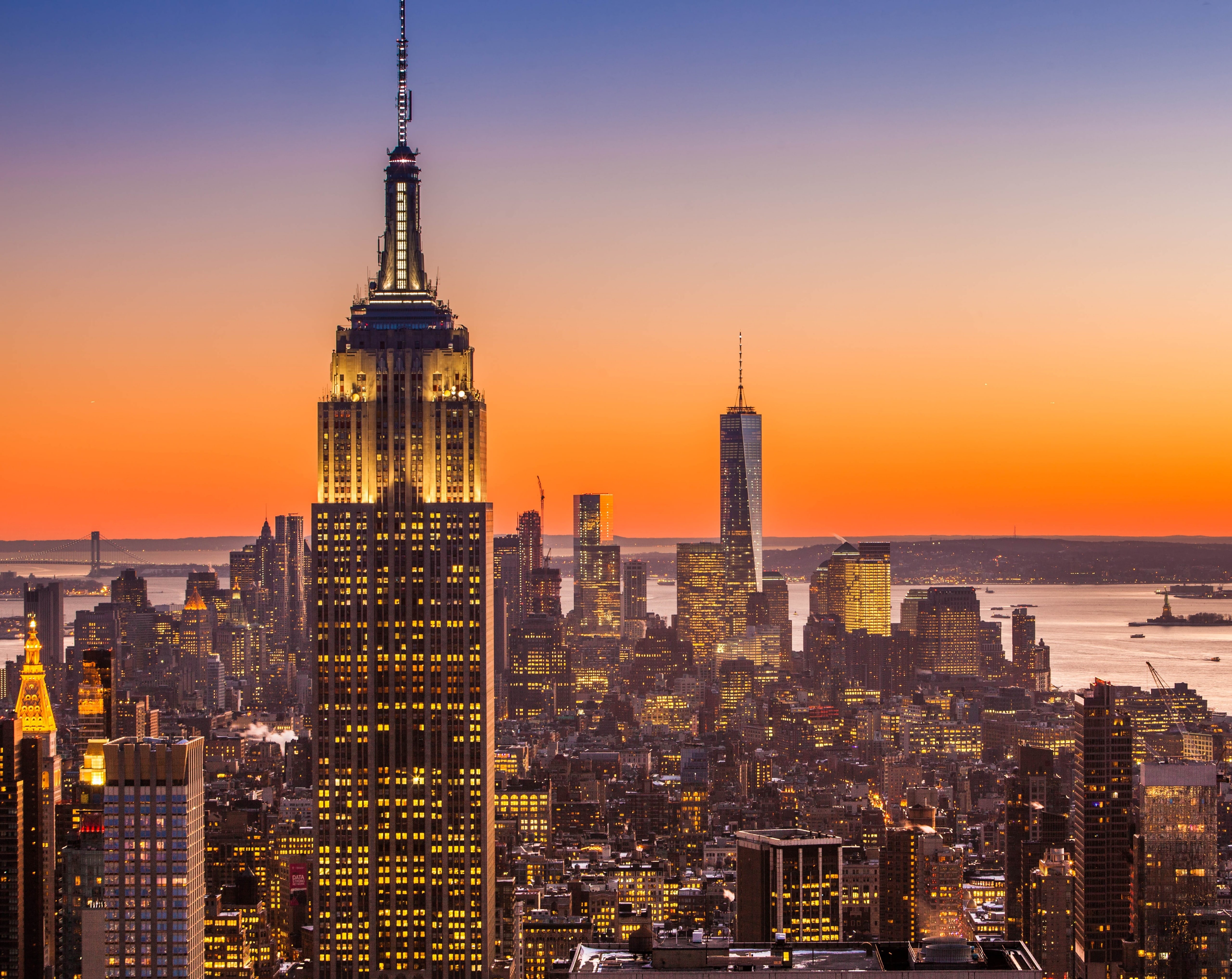 worldtradecenter, outdoors, Skyscrapers, nature, modern, sky, empirestatebuilding, newyorkcity, New York, travel destinations, spire, dusk, 5K, landscape, HD Wallpaper