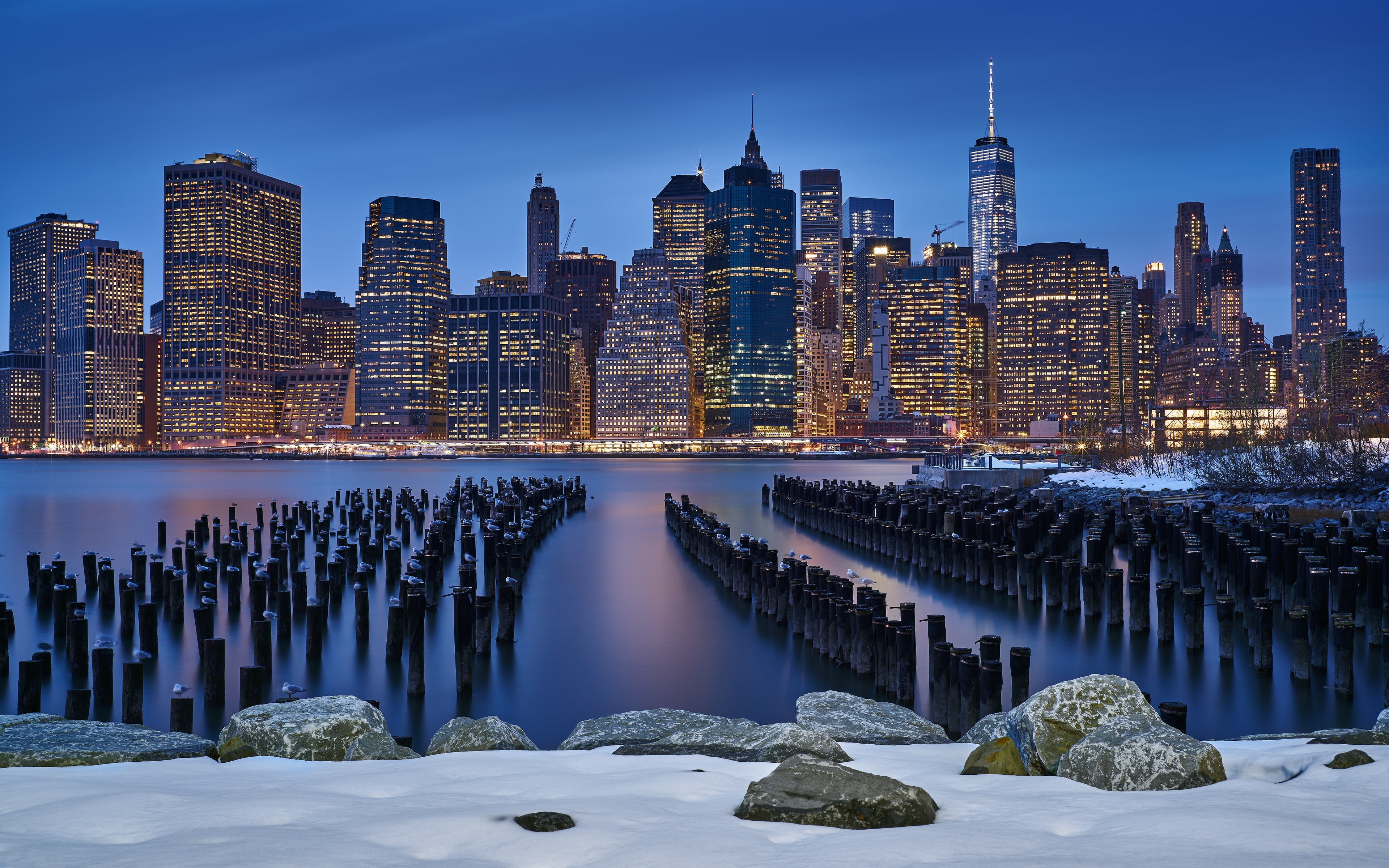 long‑exposure, ice, view, water, citylights, nature, building exterior, cityscape, urban skyline, skyscraper, landscape, snow, cold temperature, blue, city, HD Wallpaper