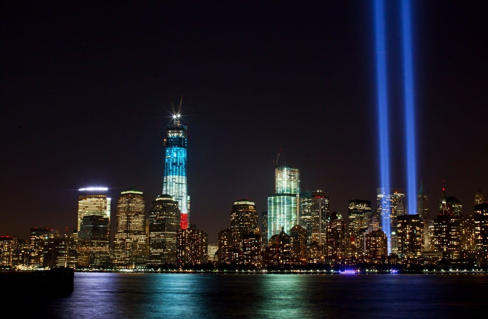 lights, illuminated, september, river, built structure, sky, Urban, water, newyorkcity, tower, urban skyline, oneworldtrade, worldtradecenter, office building exterior, HD Wallpaper
