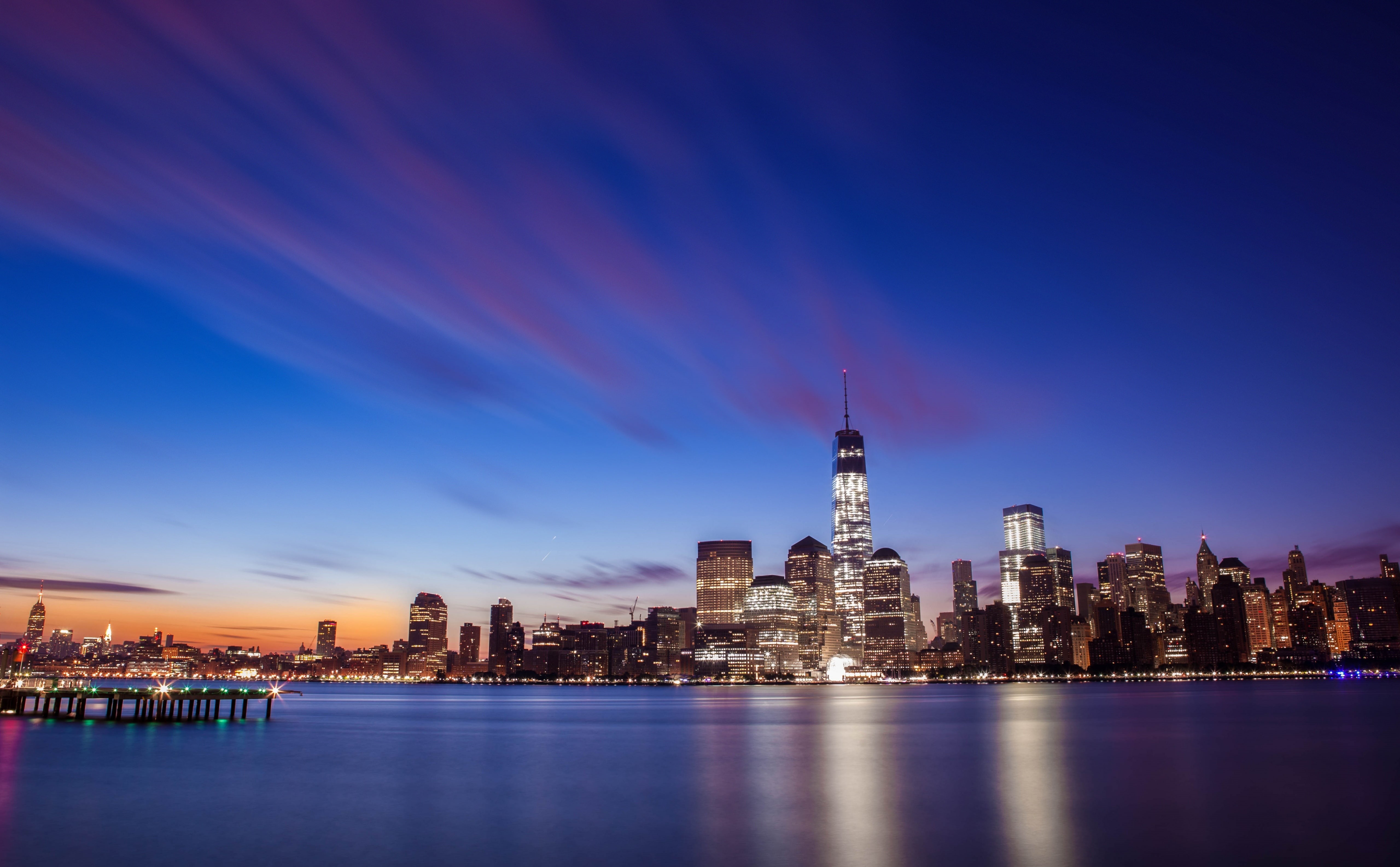 landscape, illuminated, oneworldtradecenter, Sunrise, architecture, 5K, york, new, New York, travel destinations, financial district, Manhattan, modern, HD Wallpaper