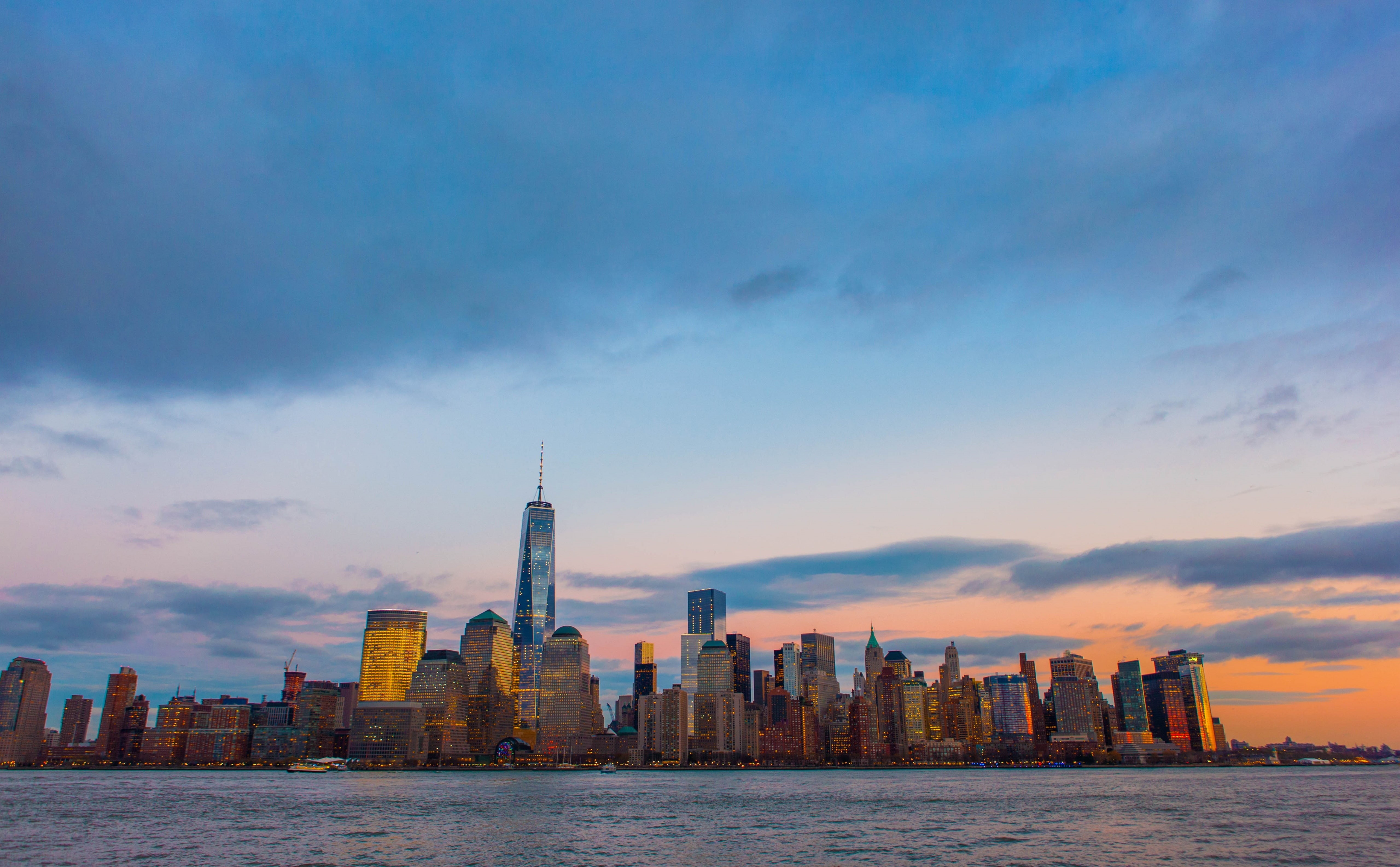spire, modern, new, york, cityscape, waterfront, no people, United States, lowermanhattan, Sunset, newyorkcity, sky, Manhattan, oneworldtrade, city, landscape, HD Wallpaper