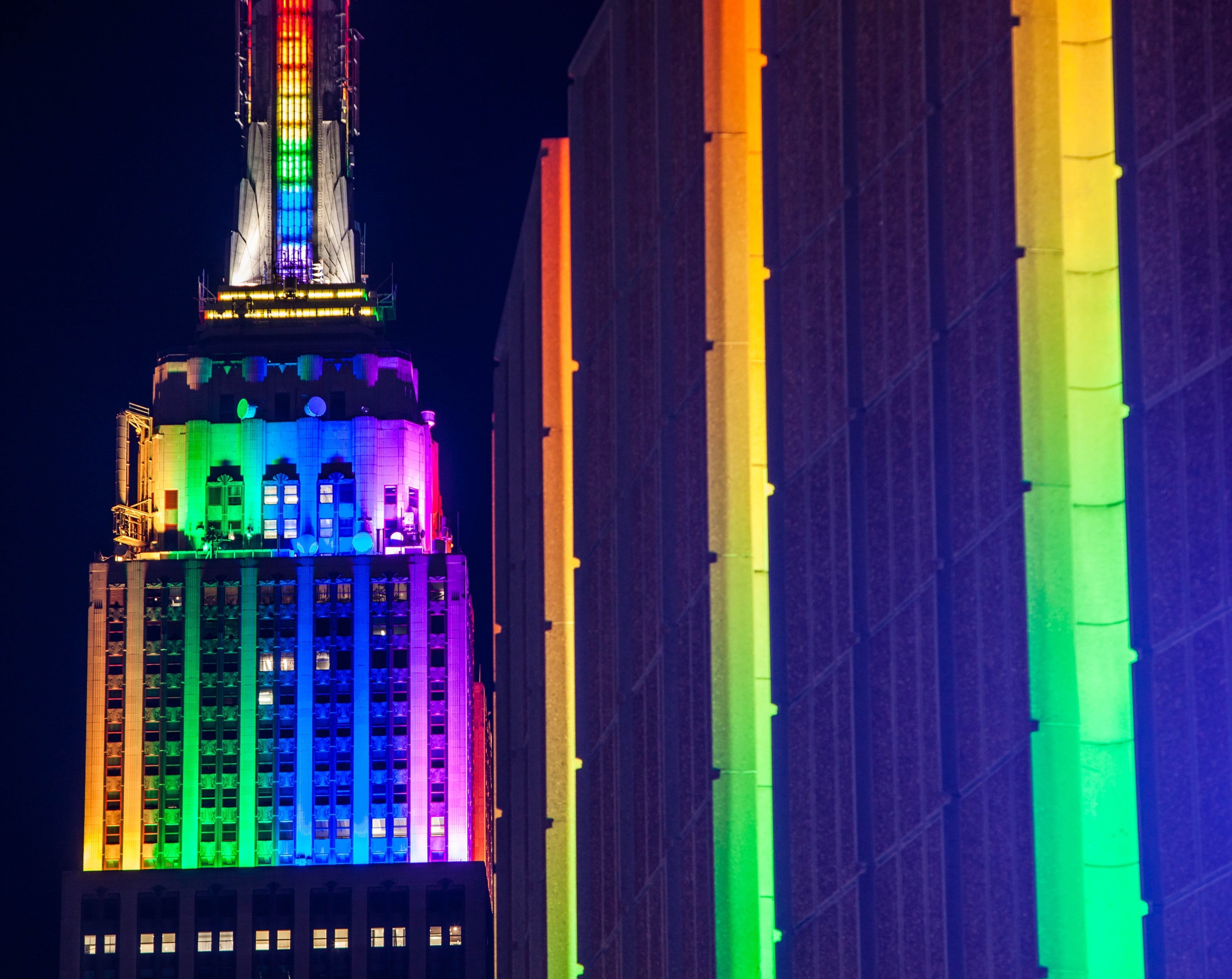 skyscraper, Colors, building, illuminated, 5K, outdoors, office building exterior, luxury, building exterior, MadisonSquareGarden, state, rainbowcolor, HD Wallpaper