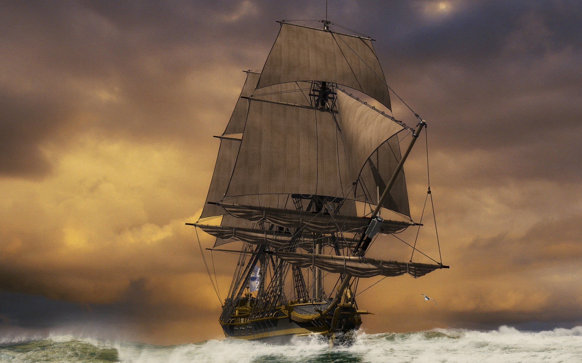 sailboat, nautical vessel, boat, black, sea, mode of transportation, ship, travel, 1080P, sunset, cloud - sky, artwork, no people, tall ship, sky, outdoors, HD Wallpaper