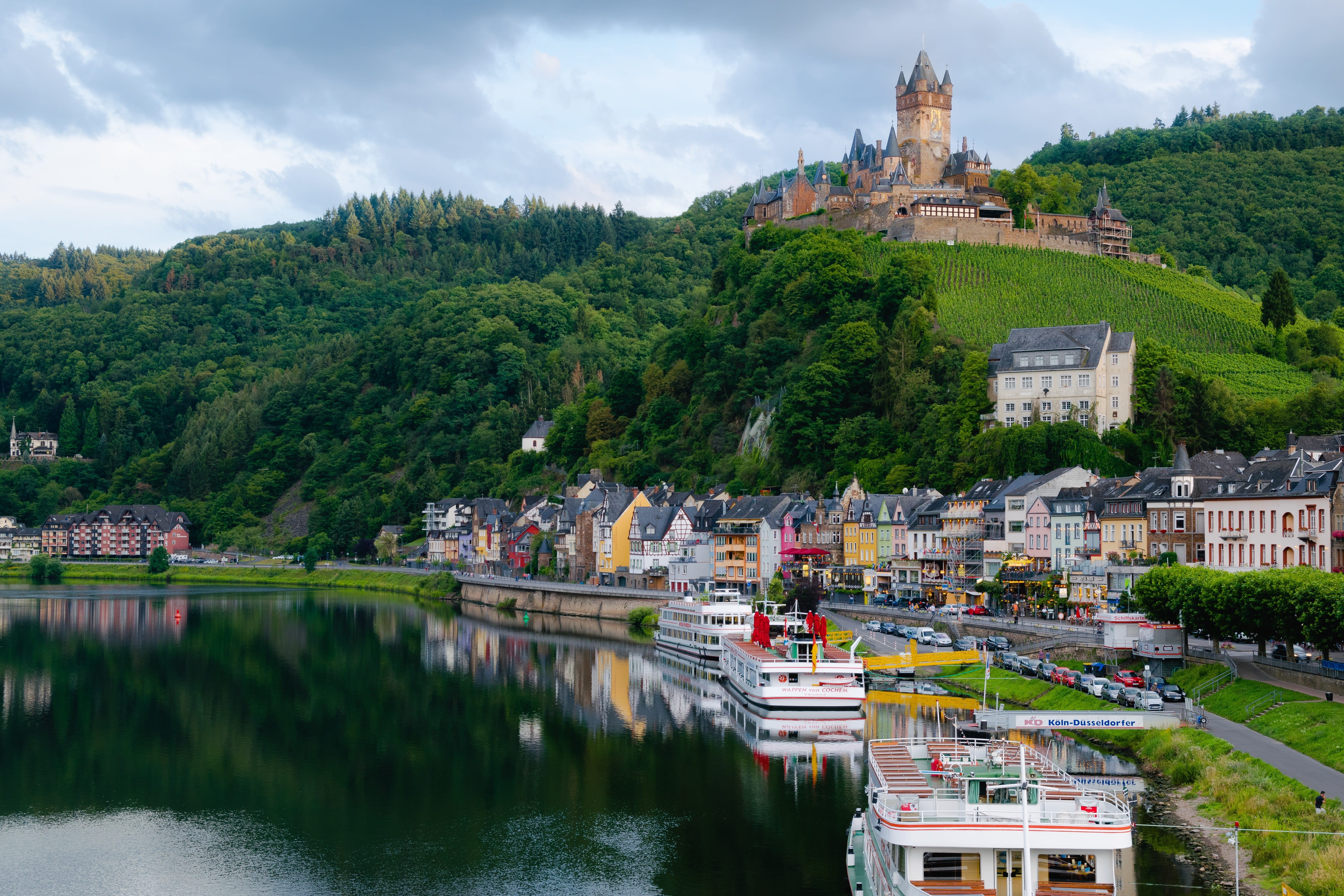 painted, valley, building, architecture, travel, germany, near, reichsburg, multicolored, tree, history, sky, beautiful, buildings, water, town, brown, HD Wallpaper