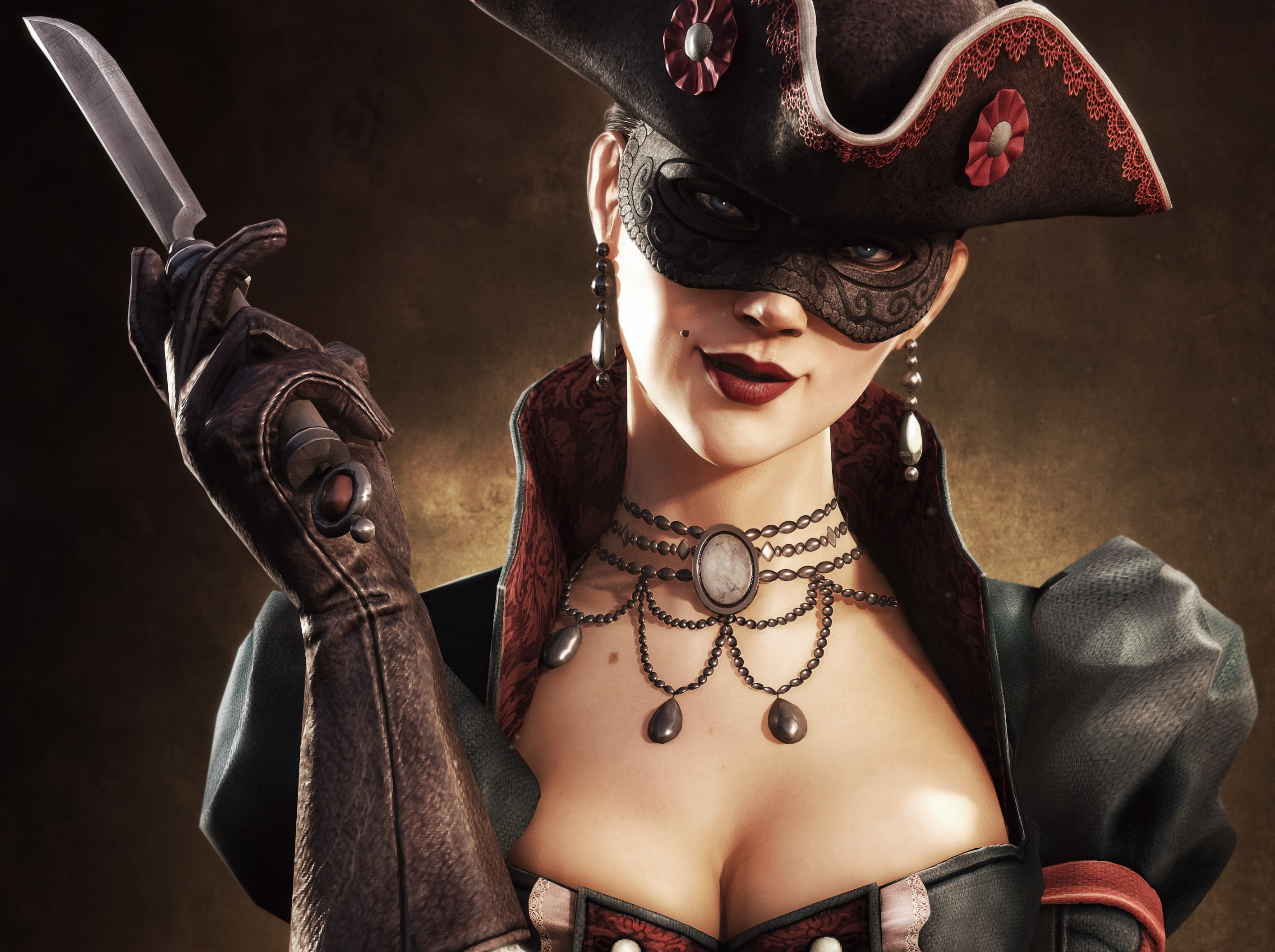 girl, fantasy, gothic, assassins, warrior, mask, 2K, knife, pirate, graphics, game, hat, flag, black, creed, HD Wallpaper