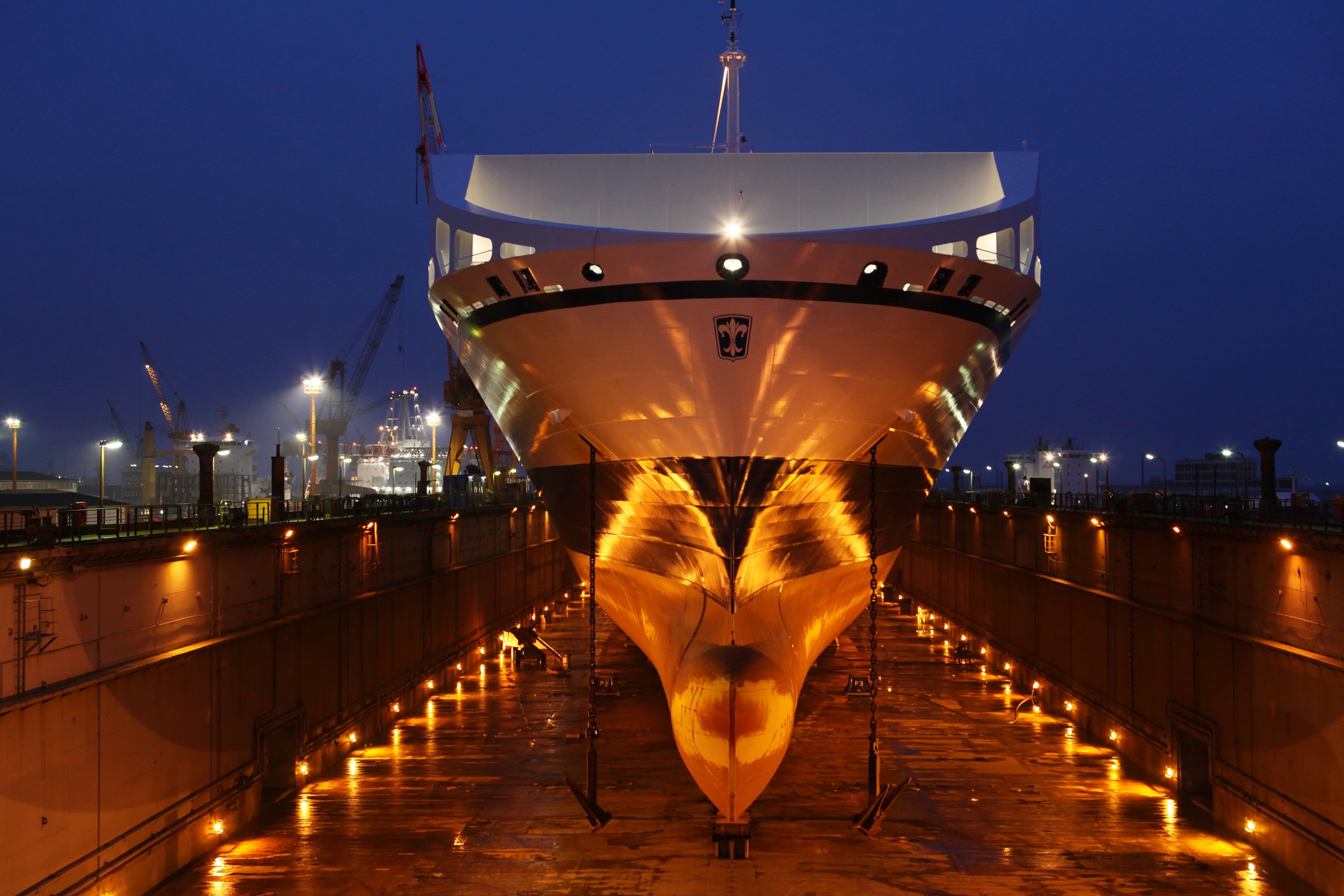 railing, no people, lights, cruiseship, outdoors, cranes (machine), sky, built structure, reflection, illuminated, shipyard, mode of transportation, ship, HD Wallpaper