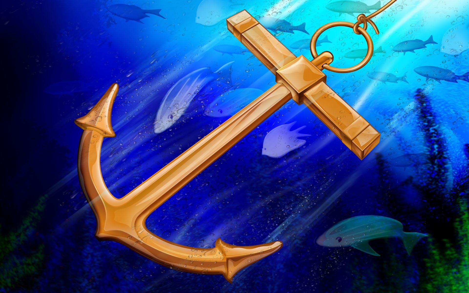 3d and abstract, deep, 3d, blue, water, anchor, fish, 1080P, HD Wallpaper