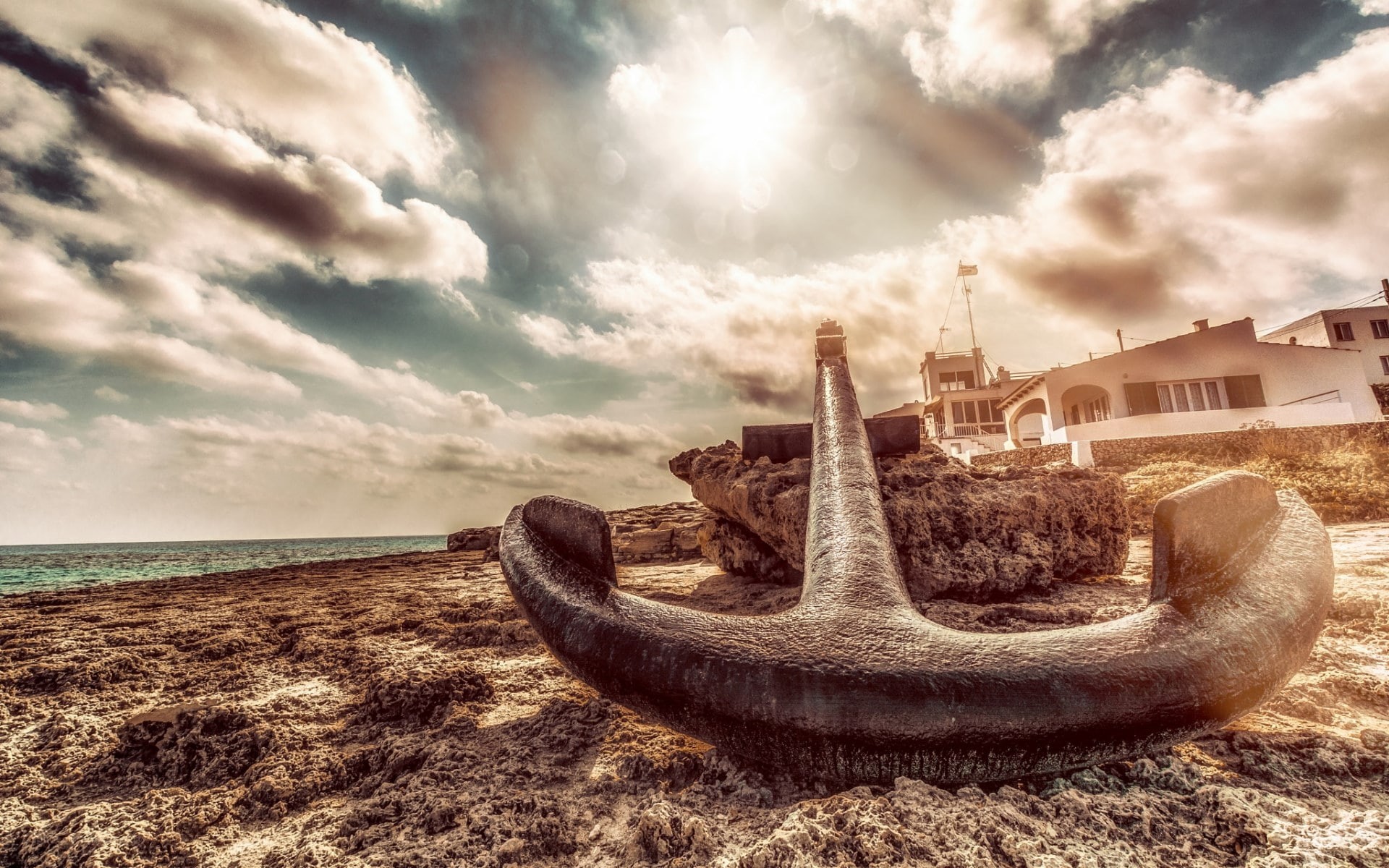 500px, Miro Hofmann, HDR, beach, anchors, clouds, 1080P, sky, building, sea, sunlight, HD Wallpaper