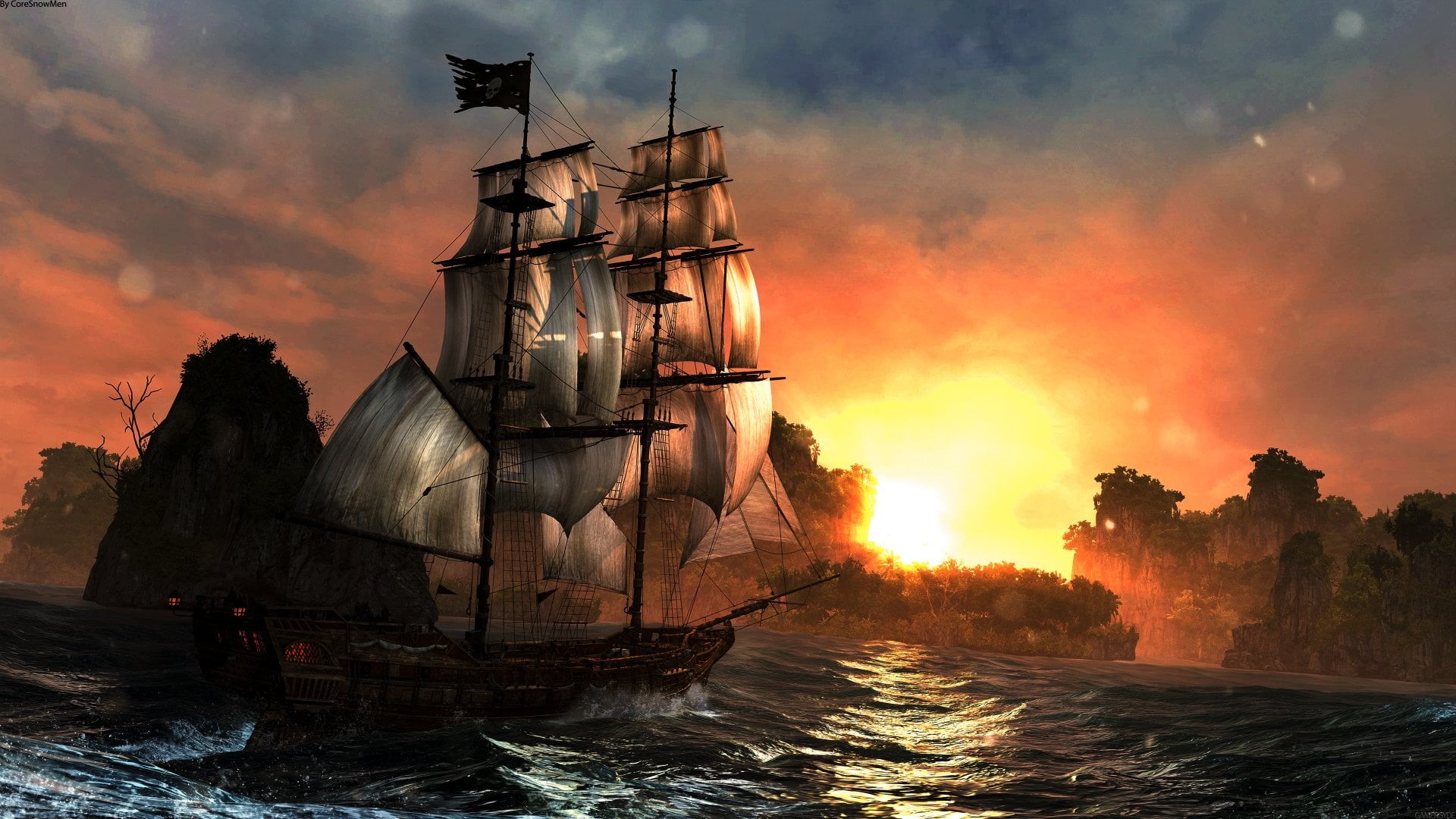 sailboat, motion, Assassins Creed IV: Black Flag, sunlight, landscape, sun, galleon, Ubisoft, travel Locations, sail, sunset, night, passenger craft, vacations, HD Wallpaper