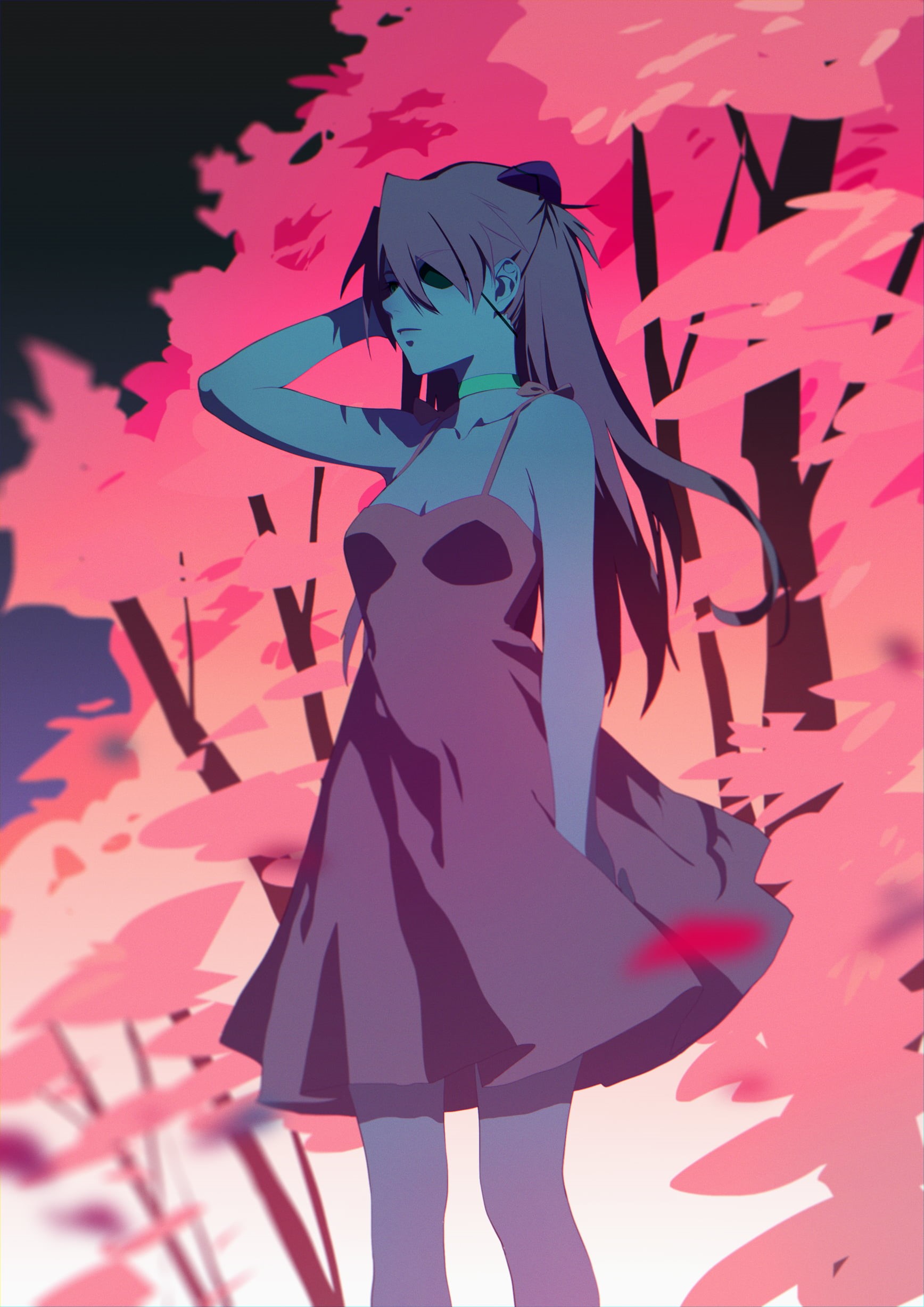 looking into the distance, women, standing, Thankstar404, manga, drawing, pink, eye patch, digital art, illustration, anime girls, pink dress, dress, 1080P, Phone HD Wallpaper