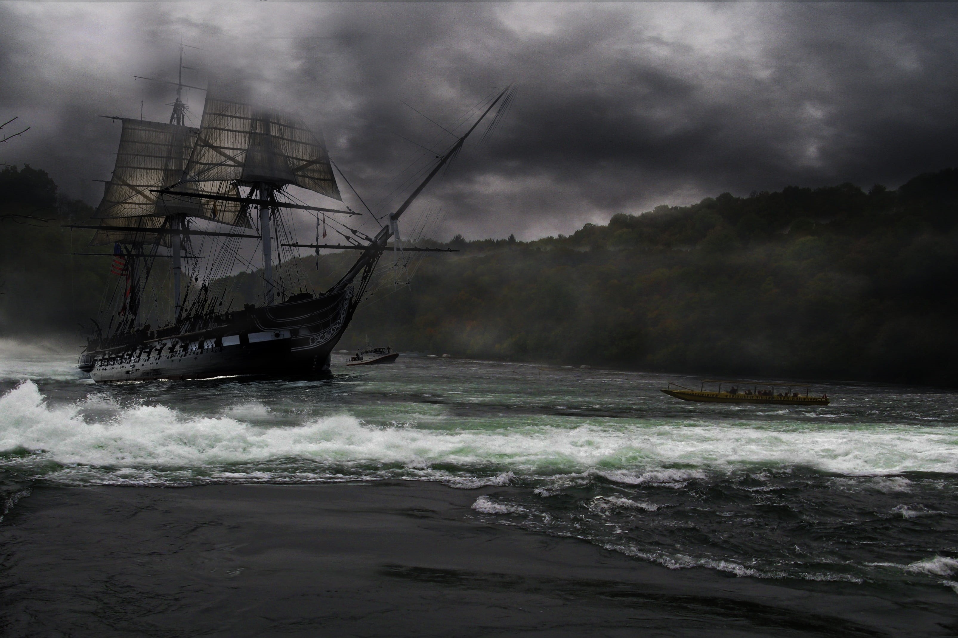 no people, nautical vessel, rushing water, photo, landscape, vessel, shore, nautical, cloud - sky, scenery, sail, sea, storm, extreme weather, 2K, sailing ship, HD Wallpaper