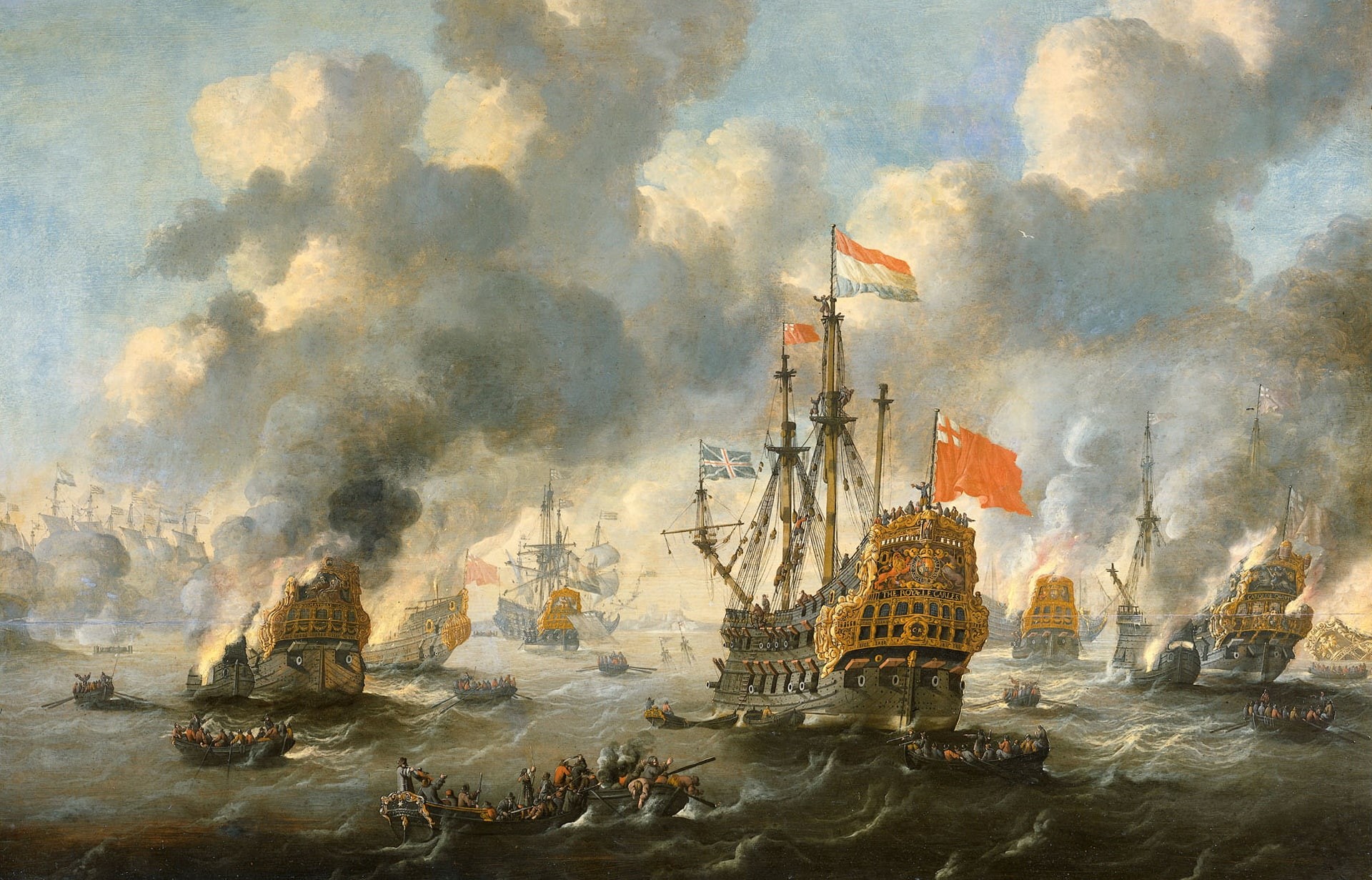 picture, ship, 1080P, oil, Peter van de Velde, Tree, sail, battle, The burning of the English Fleet in Chatham, HD Wallpaper