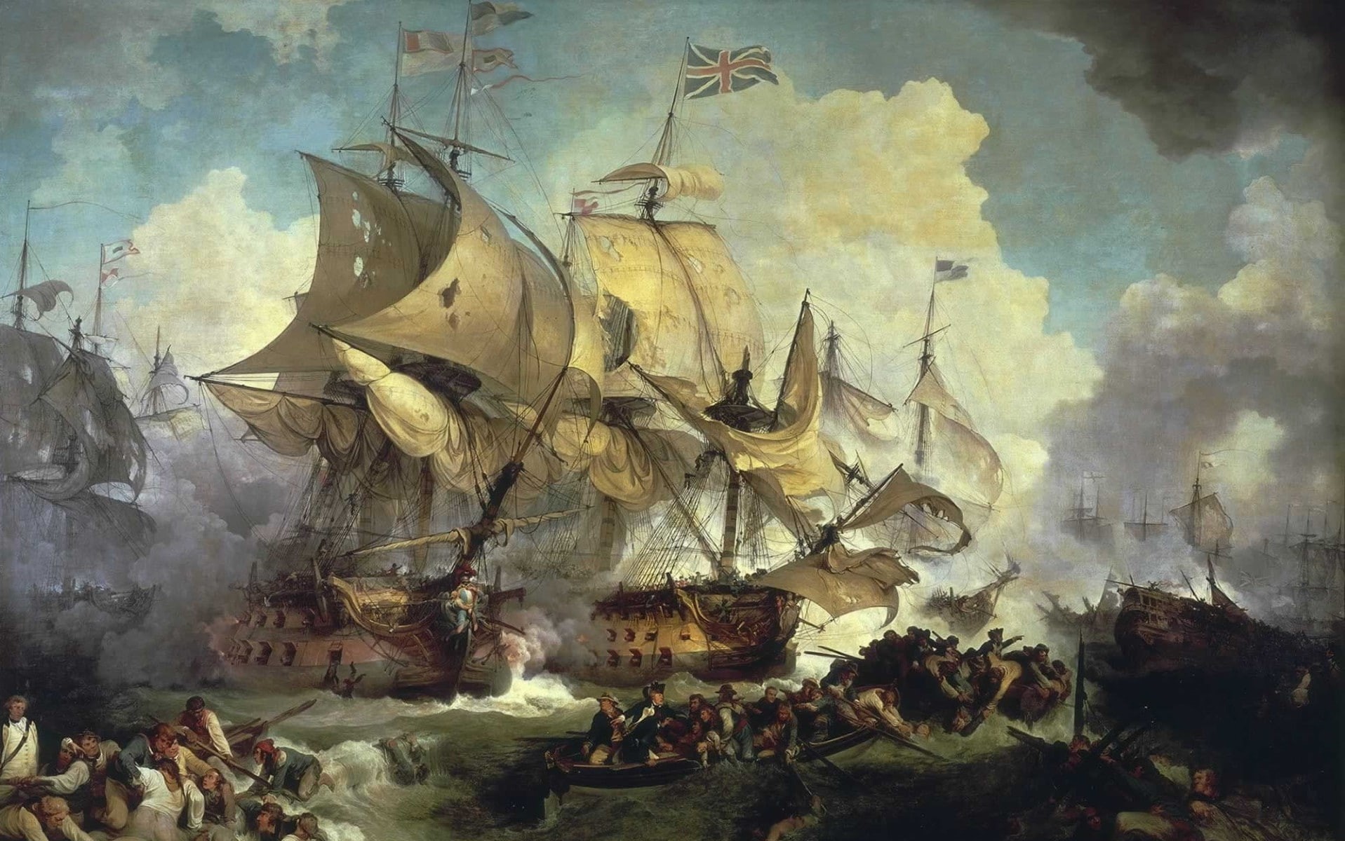 Classic Art, clouds, British Flag, painting, ship, 720P, boat, battle, Naval Battles, HD Wallpaper