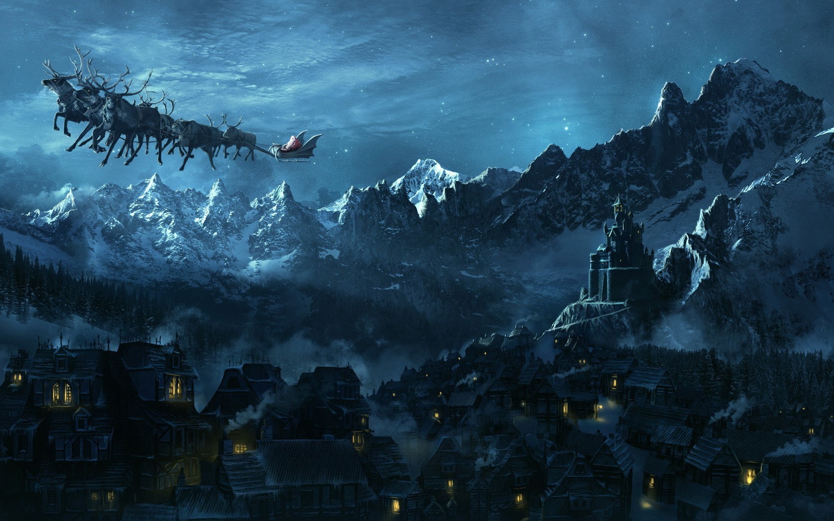 fantasy art, castle, 720P, village, Christmas, landscape, Santa Claus, HD Wallpaper