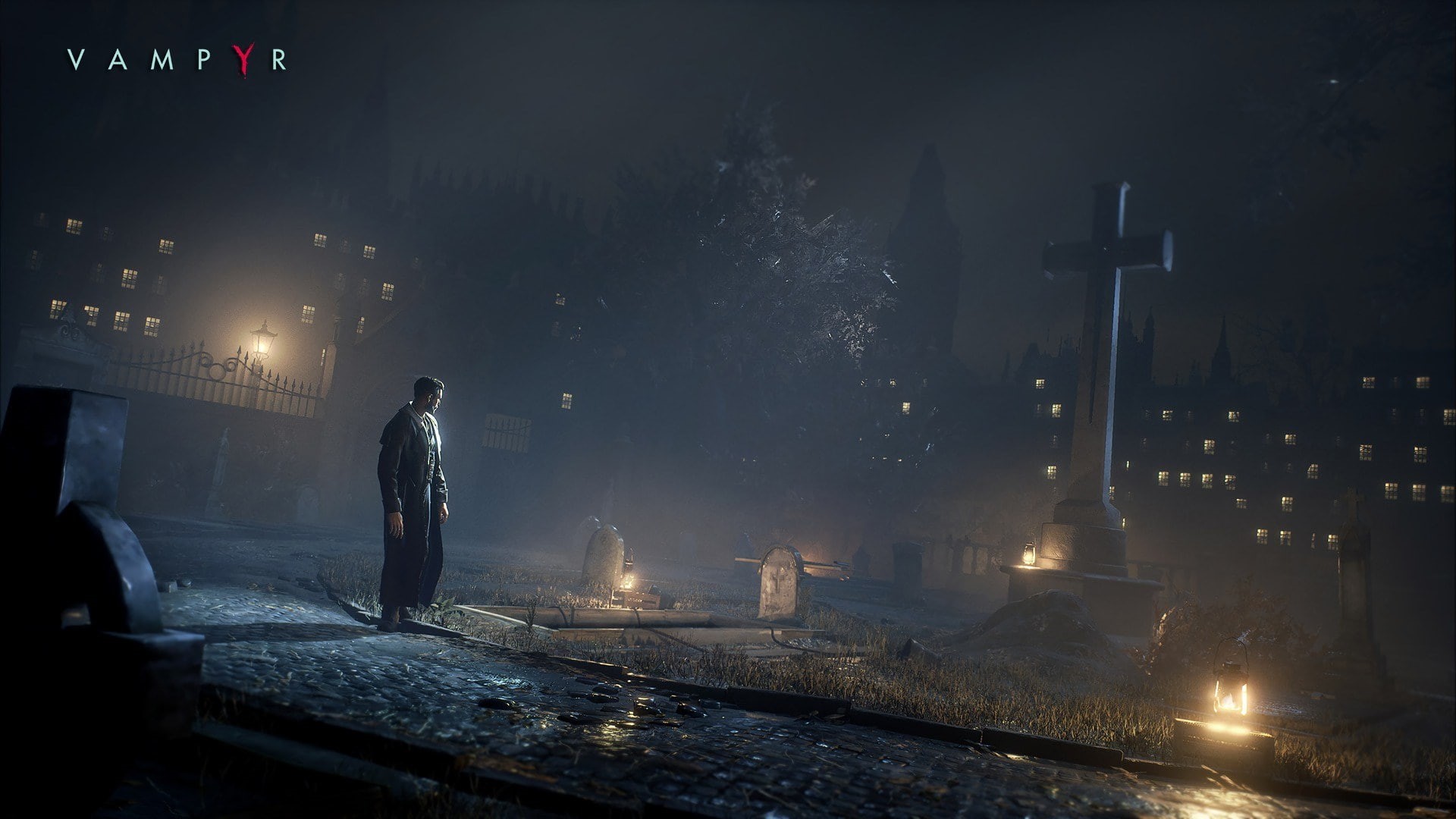 sadness, adult, religion, tombstone, fog, city, outdoors, street, cemetery, spirituality, pollution, architecture, nature, people, illuminated, grave, vampyr, HD Wallpaper