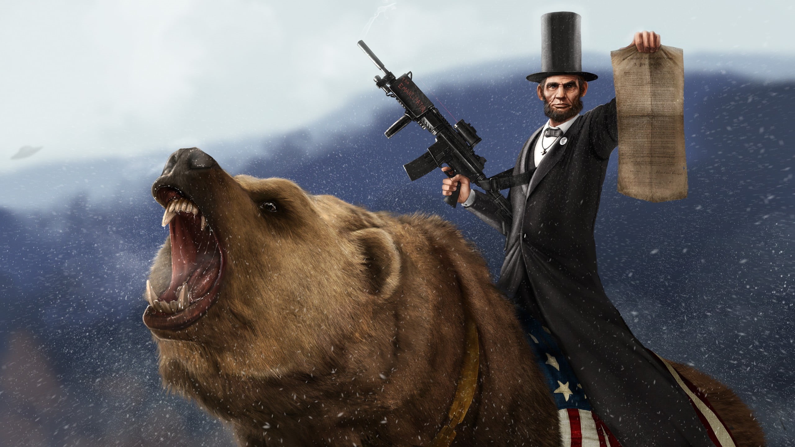 one animal, presidents, nature, grizzly, domestic animals, bears, weapon, one person, mouth, humor, lincoln, illustration, snow, riding, mouth open, men, HD Wallpaper