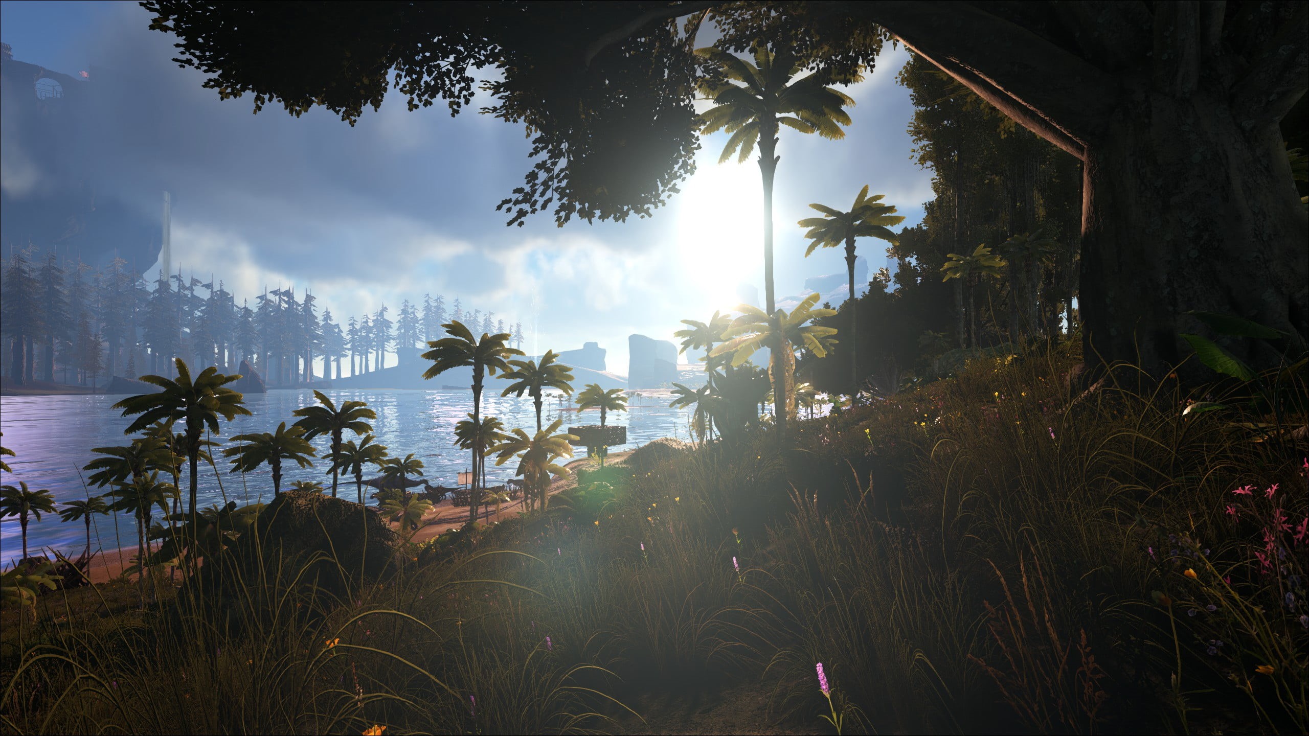 sky, day, concrete, lens flare, cloud - sky, sunlight, nature, water, tranquility, 2K, Ark: Survival Evolved, beauty in nature, outdoors, Ultra Settings, HD Wallpaper