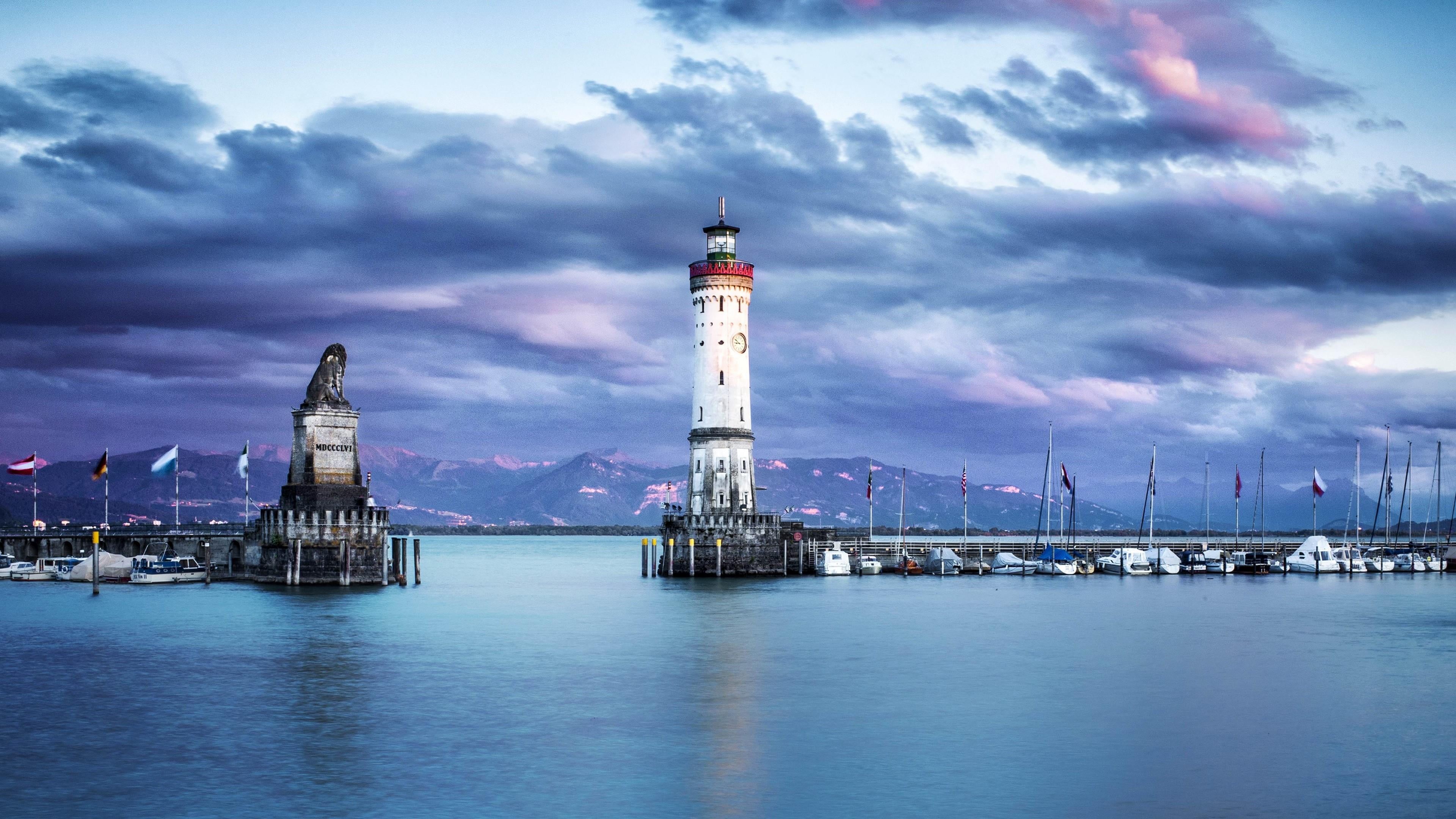 water, waterfront, germany, lake constance, cloud, cloud - sky, lake, built structure, travel, bavarian lion sculpture, tower, dusk, lindau, tall - high, HD Wallpaper