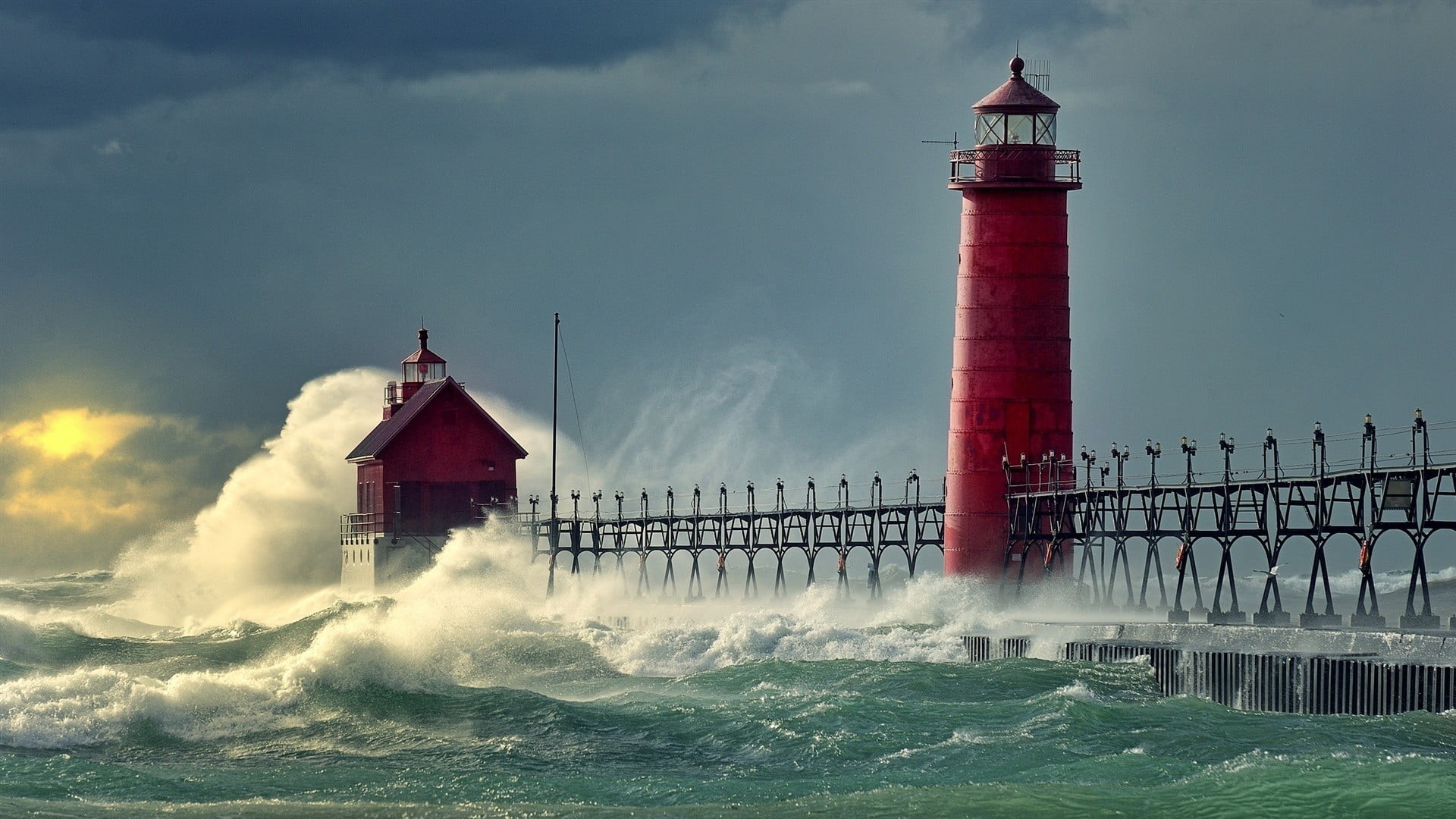 motion, nature, 1080P, no people, lighthouse, power in nature, tower, water, pollution, power, breaking, built structure, architecture, outdoors, red, HD Wallpaper