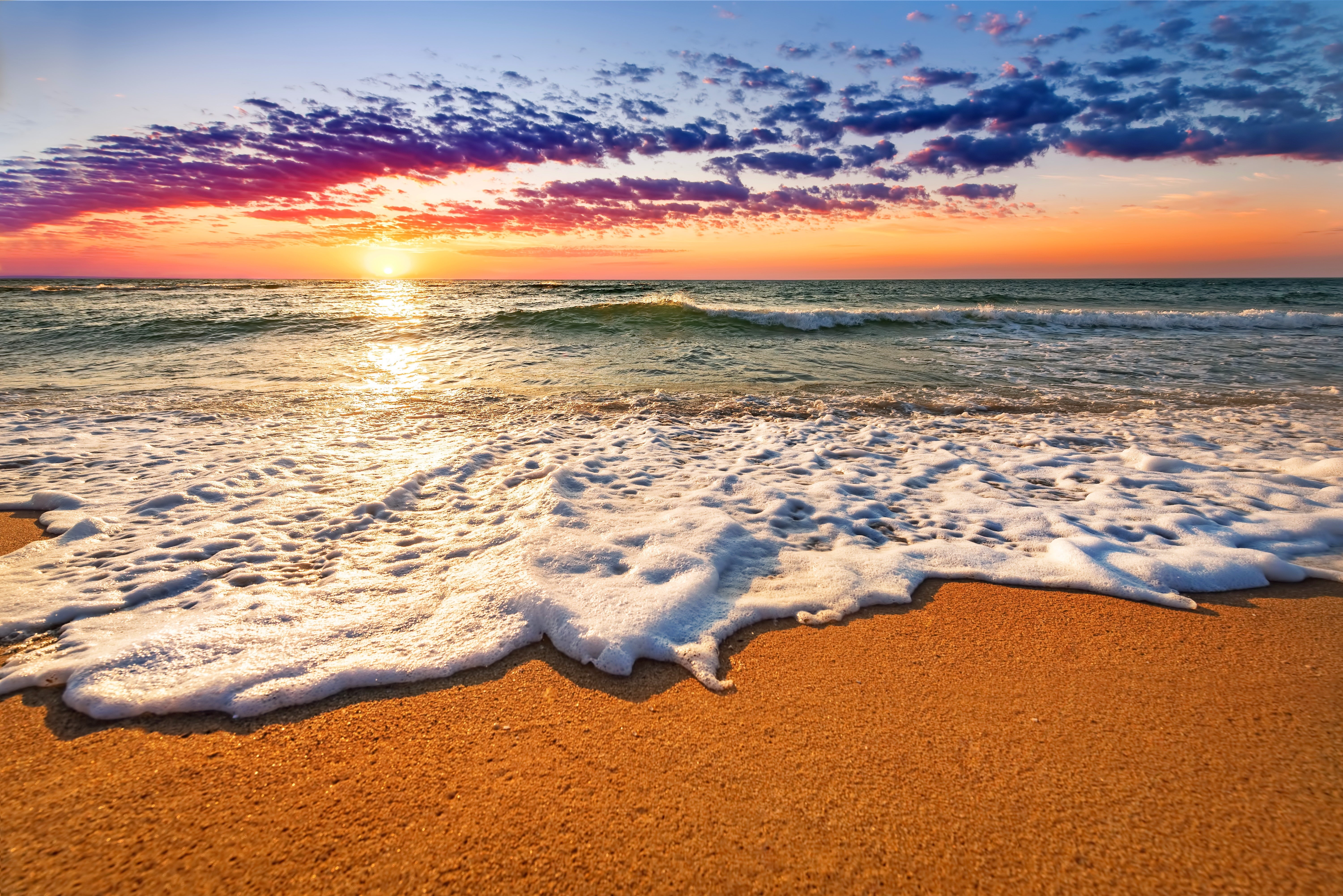 5K, sand, sea, water, beach, landscape, ocean, clouds, sunset, sky, nature, HD Wallpaper