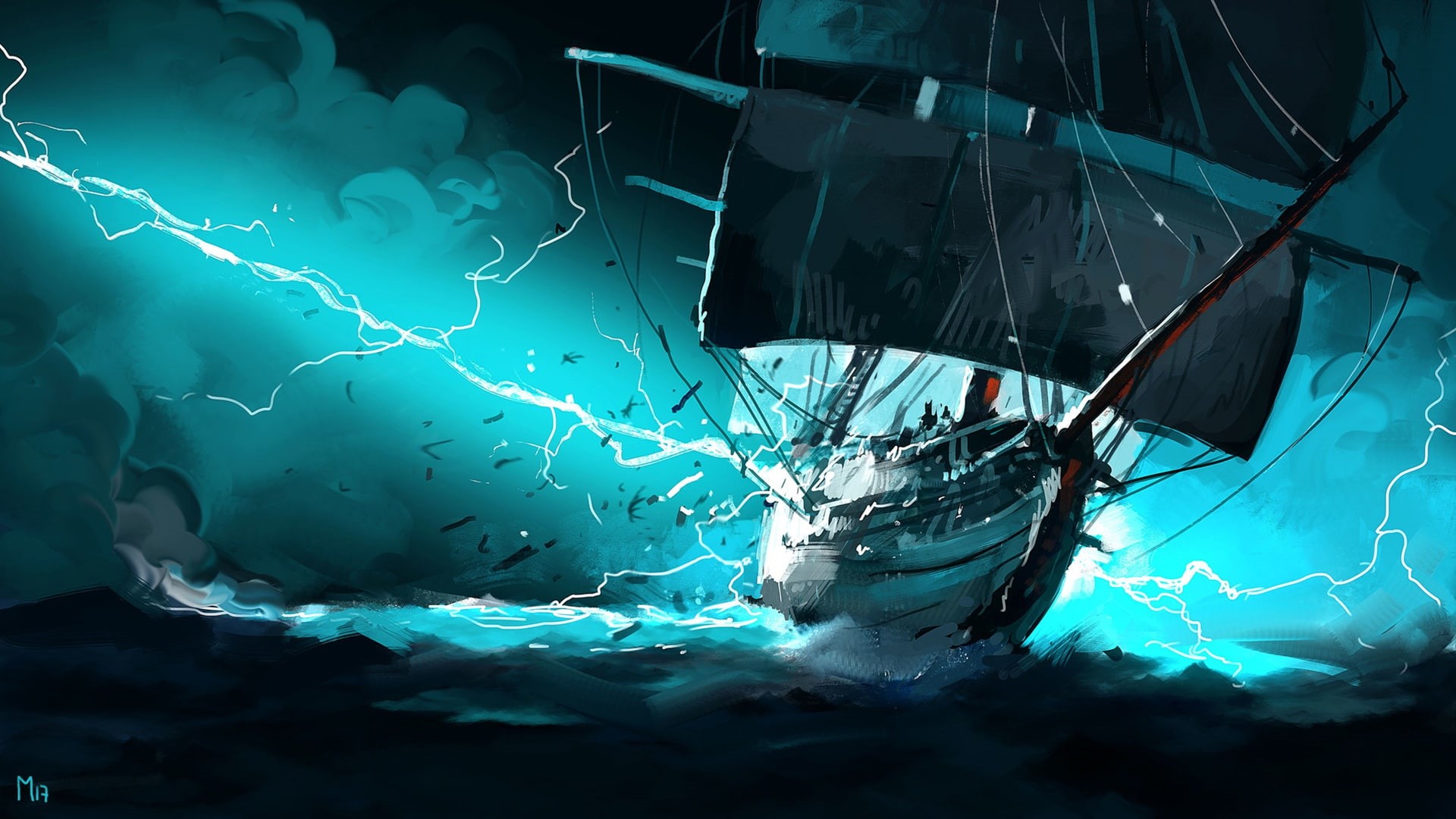 sea, ship, artwork, 1080P, Dominik Mayer, cyan, fantasy art, storm, HD Wallpaper