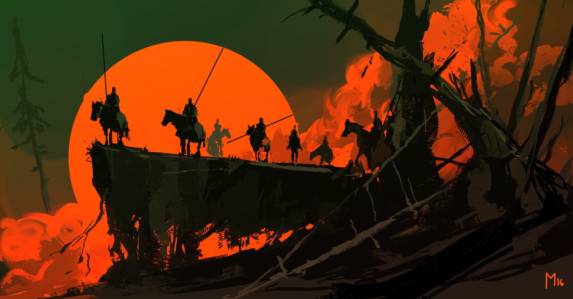 plant, fire - natural phenomenon, night, silhouette, nature, fire, painting, no people, artwork, flame, outdoors, transportation, sky, low angle view, fantasy art, HD Wallpaper