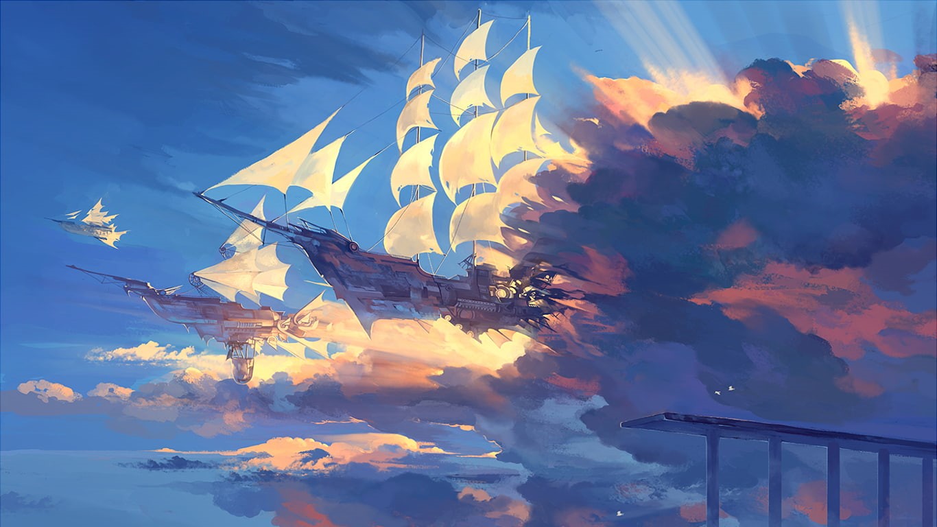 sailing ship, sky, fantasy art, 720P, watercolor, clouds, sun rays, water, HD Wallpaper