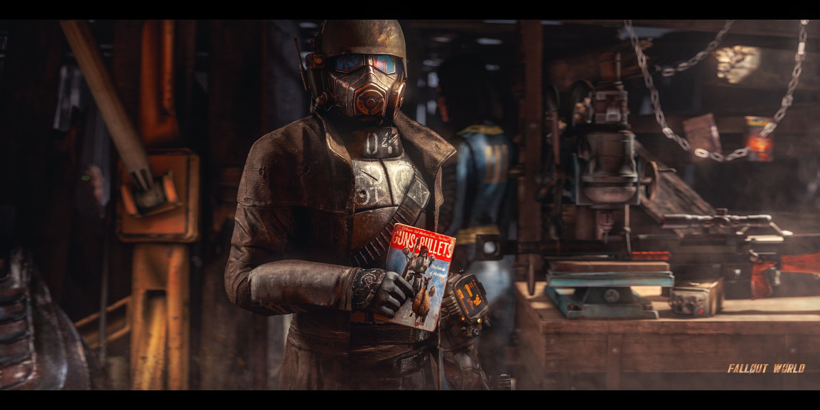 mask, working, adult, waist up, metal industry, new vegas, front view, ncr veteran, helmet, box, illustration, indoors, one person, protection, holding, HD Wallpaper