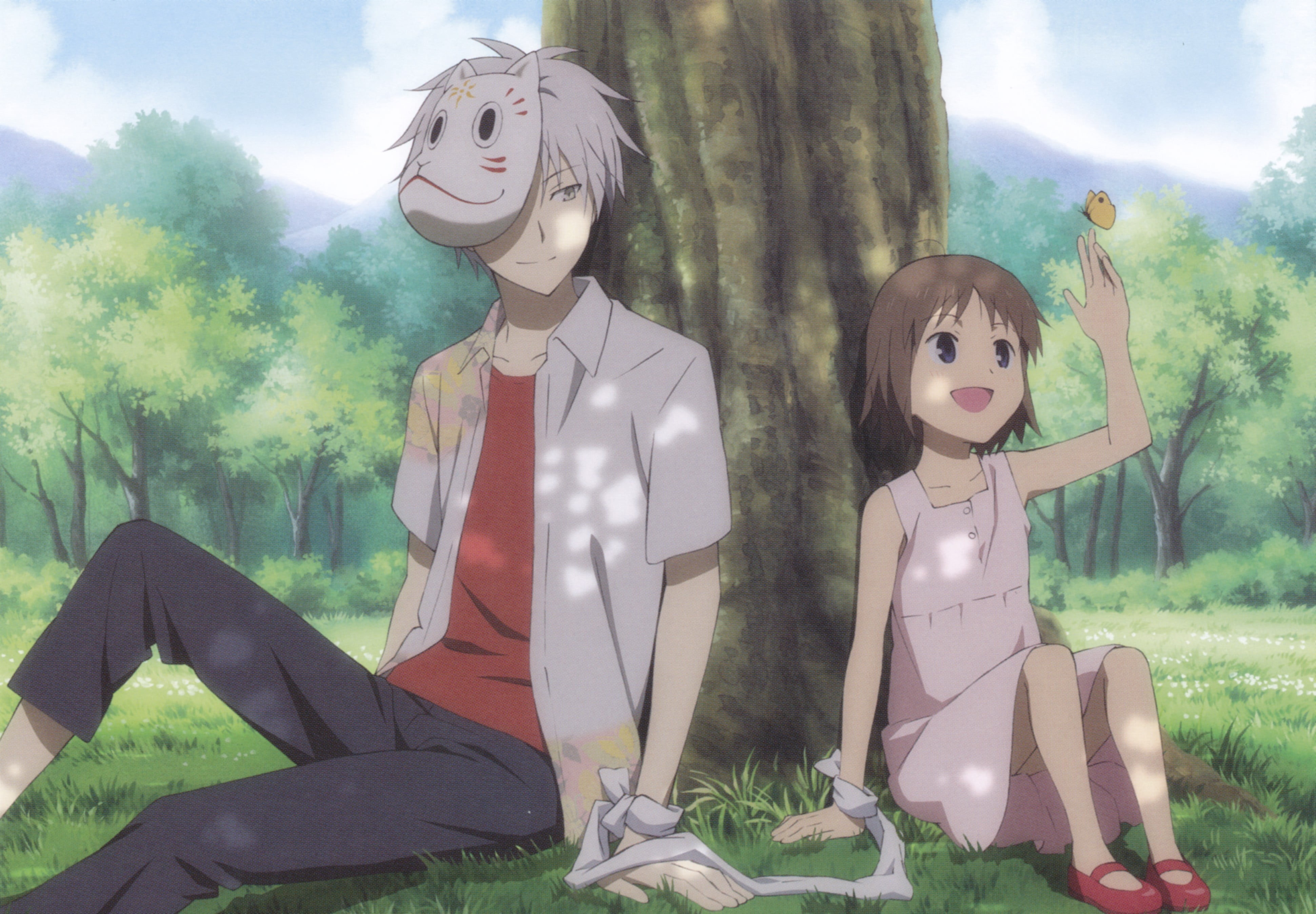 Takegawa Hotaru, two, sitting, people, plant, tree, representation, art and craft, Gin, doll, creativity, grass, forest, land, Hotarubi no Mori e, toy, HD Wallpaper