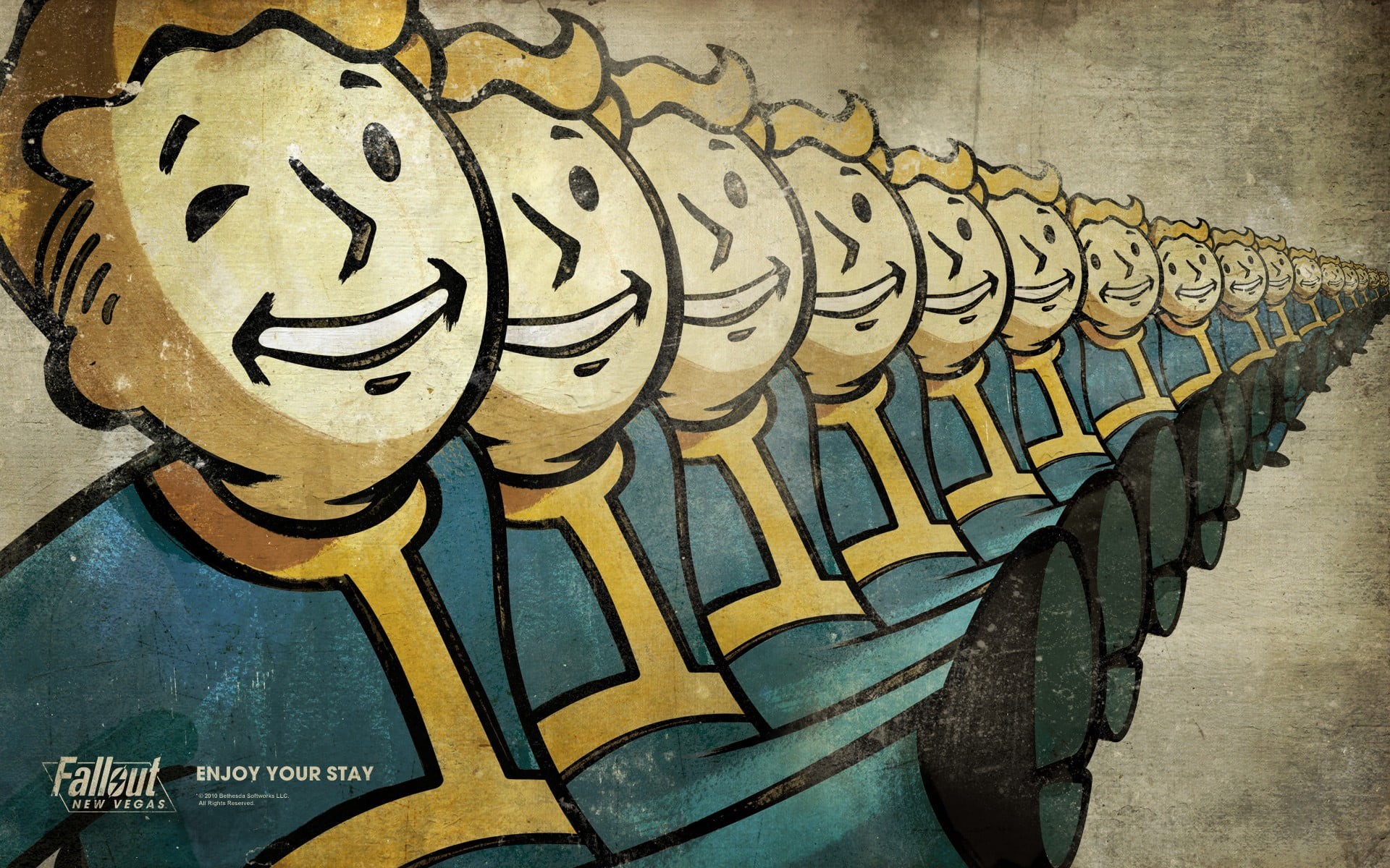 poster, shirt, men, video games, people, boys, wearing, game, PC gaming, illustration, drains, machinery, pop Art, business, blue, 1080P, Fallout: New Vegas, HD Wallpaper