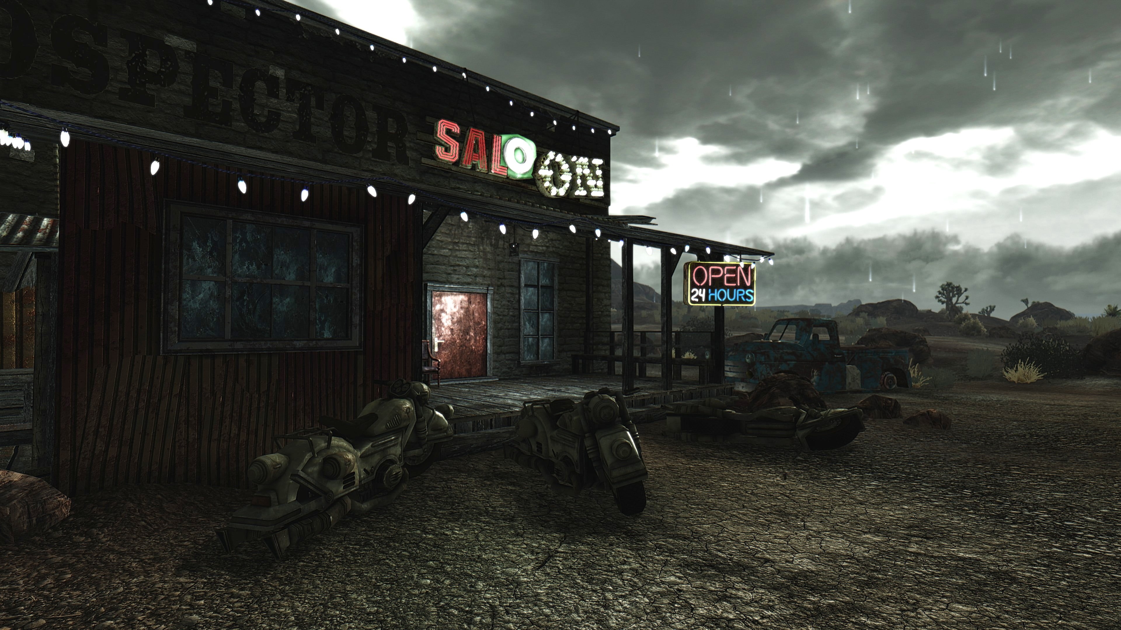 4K, no people, nature, entrance, saloon, day, ENB, western script, text, bar, outdoors, sign, mode of transportation, architecture, apocalyptic, transportation, HD Wallpaper
