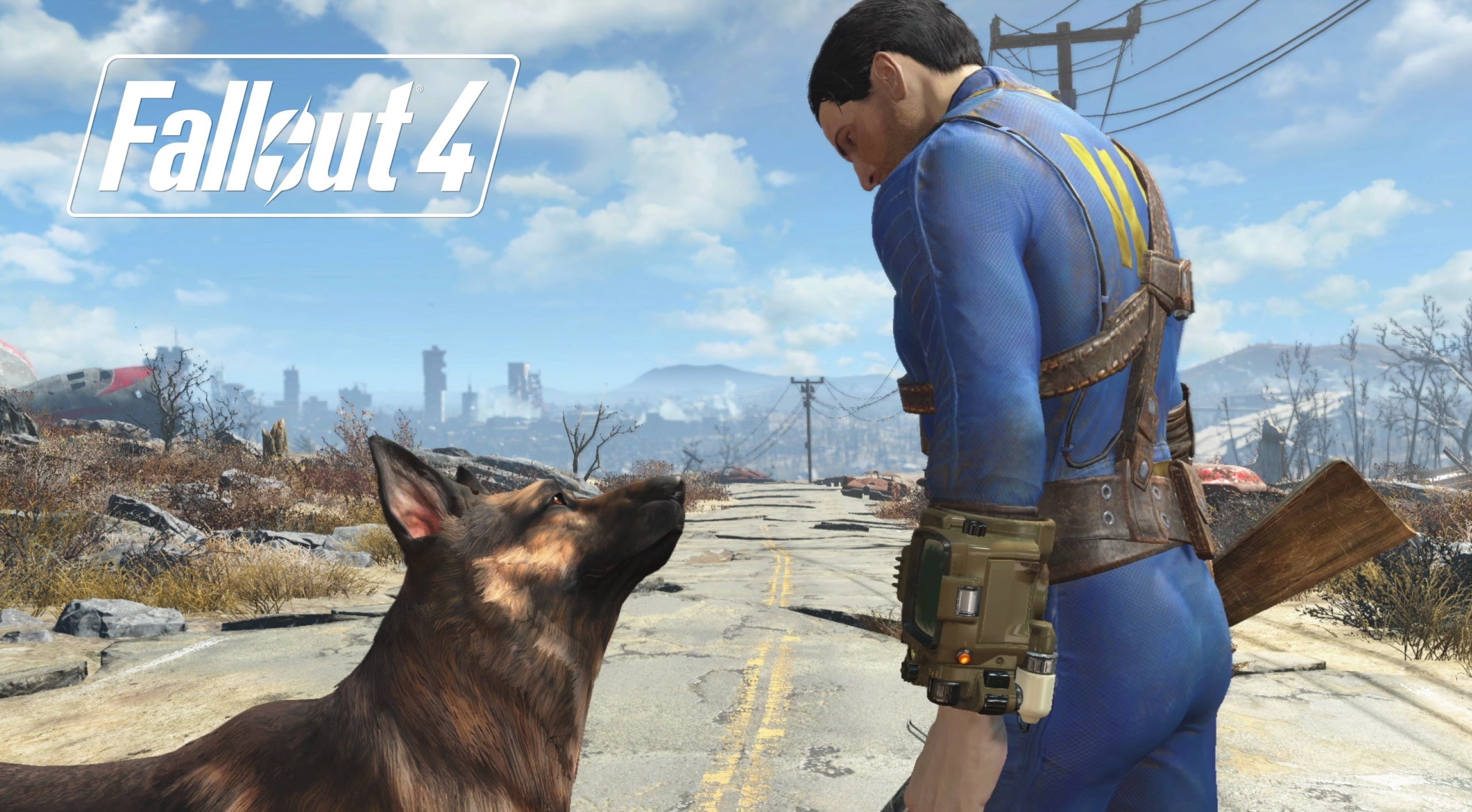 pets, dogmeat, Fallout, Character, day, Video, lifestyles, Post-apocalyptic, standing, Road, digital, Game, side view, casual clothing, domestic animals, HD Wallpaper