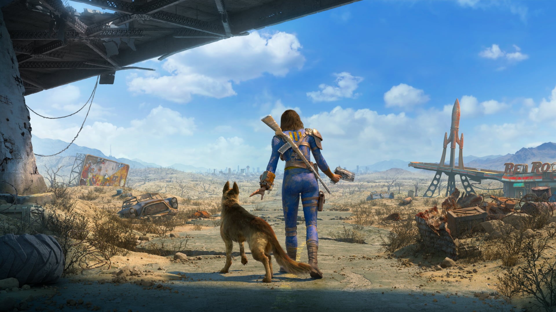 Fallout, pistol, car, cloud - sky, man, mammal, women, canine, shepherd, one person, 1080P, pets, lifestyles, pet owner, domestic animals, weapon, bridge, HD Wallpaper