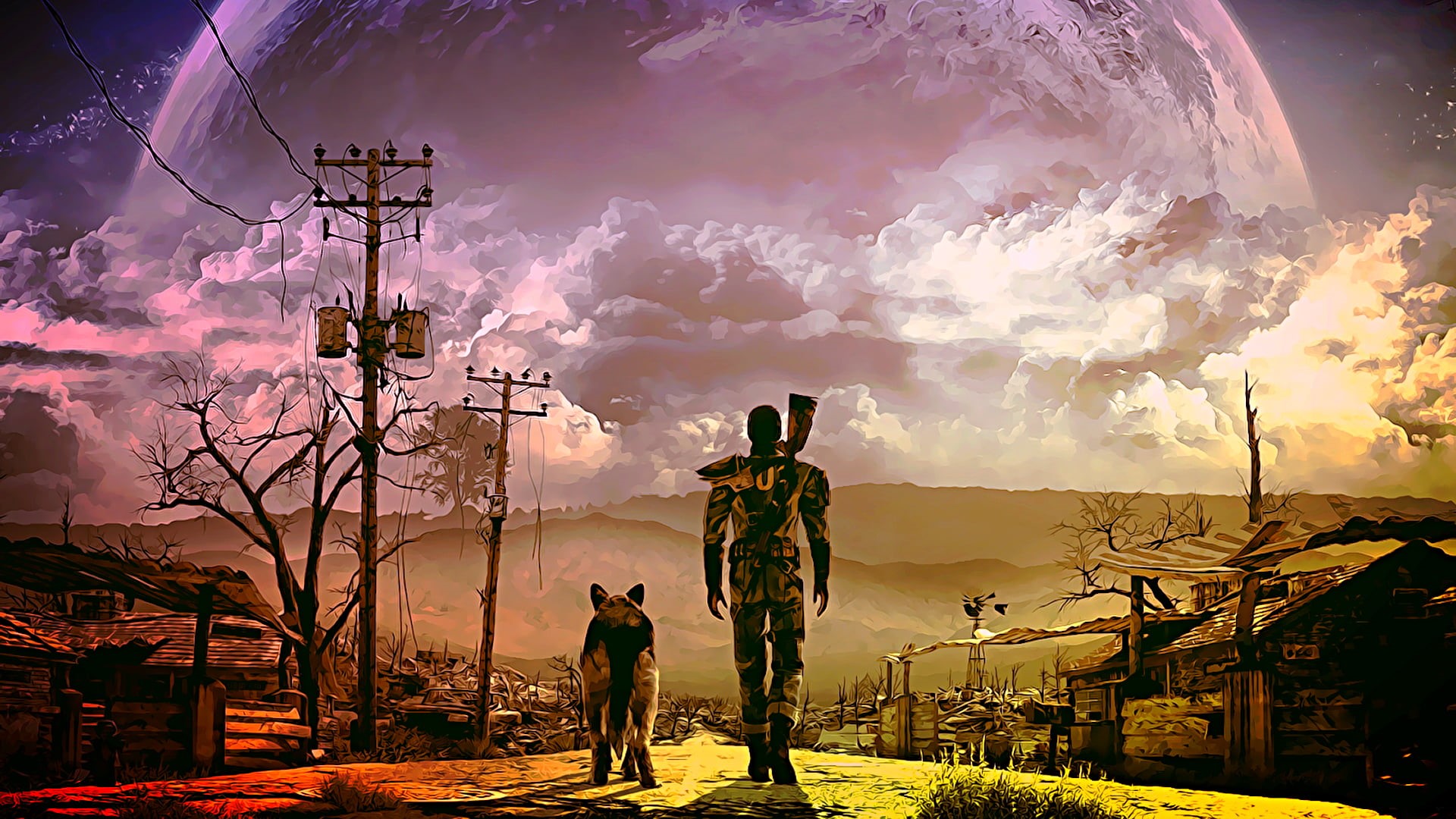 people, building exterior, rear view, electricity, land, Fallout 4, video games, building, walking, brown, man, cloud - sky, architecture, beauty in nature, HD Wallpaper
