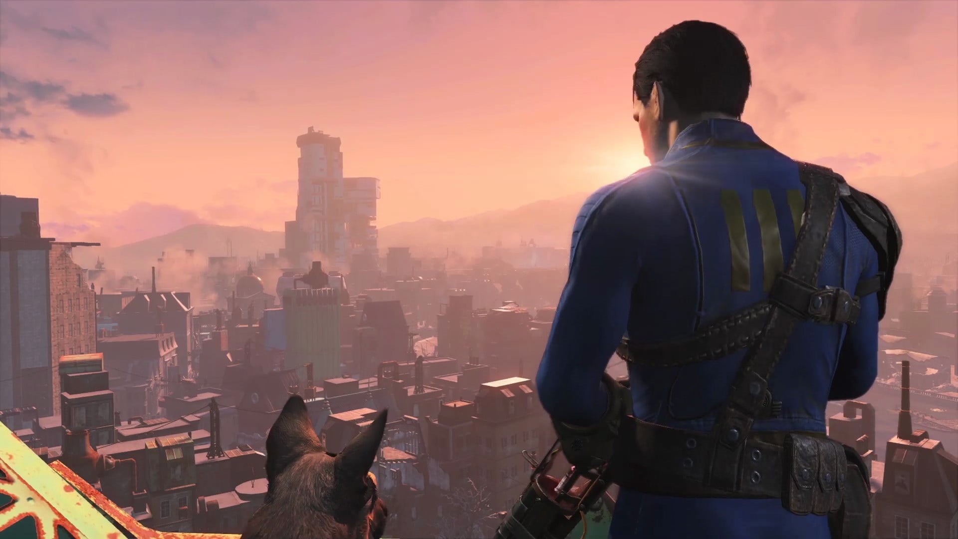 Dogmeat, architecture, building exterior, screen shot, skyscraper, Fallout, standing, building, Fallout 4, cityscape, video games, built structure, nature, HD Wallpaper