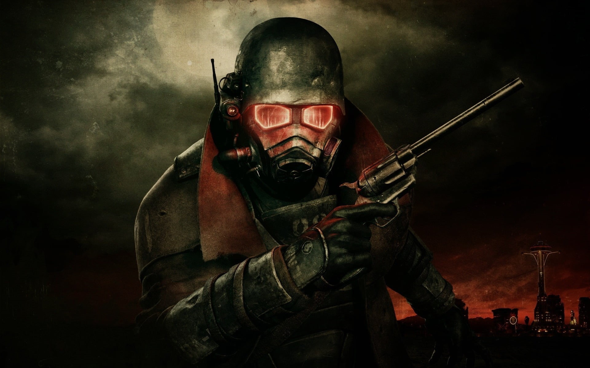 gun, armed forces, army helmet, special forces, apocalyptic, helmet, suit of armor, Fallout: New Vegas, 1080P, night, holding, work helmet, military, headwear, HD Wallpaper