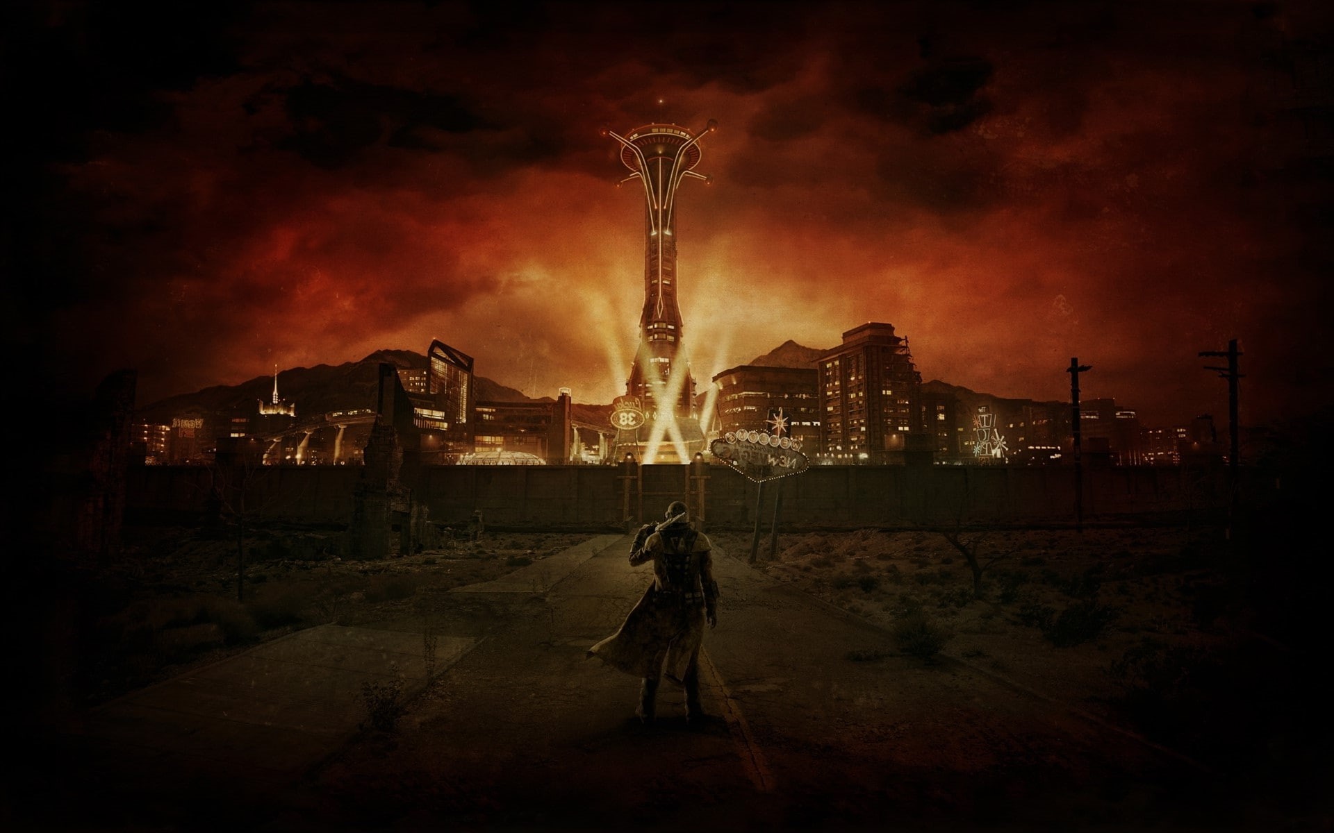1080P, nature, city, sky, night, architecture, government, built structure, building exterior, street, weapon, video games fallout new vegas digital art wasteland apocalyptic, HD Wallpaper