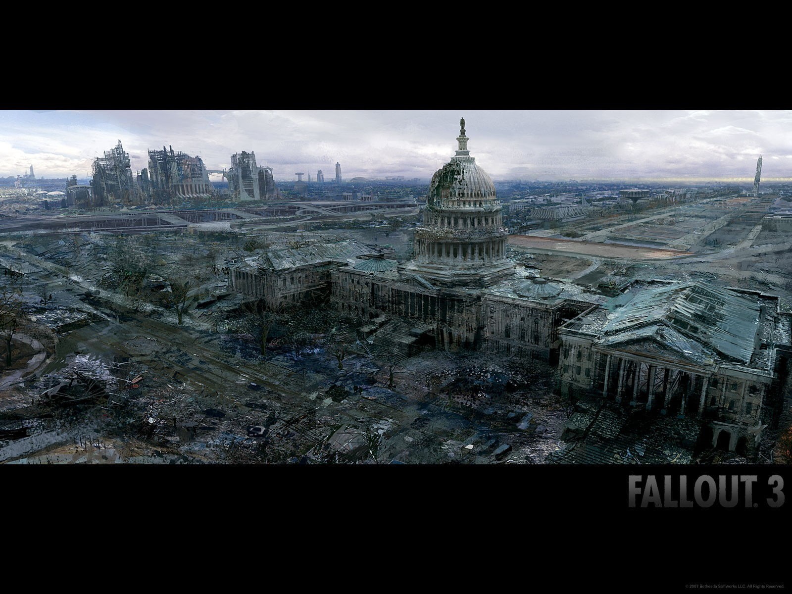 transfer print, building exterior, dome, place of worship, skyscraper, Fallout 3, day, outdoors, architecture, cityscape, city, sky, nature, tourism, 720P, HD Wallpaper