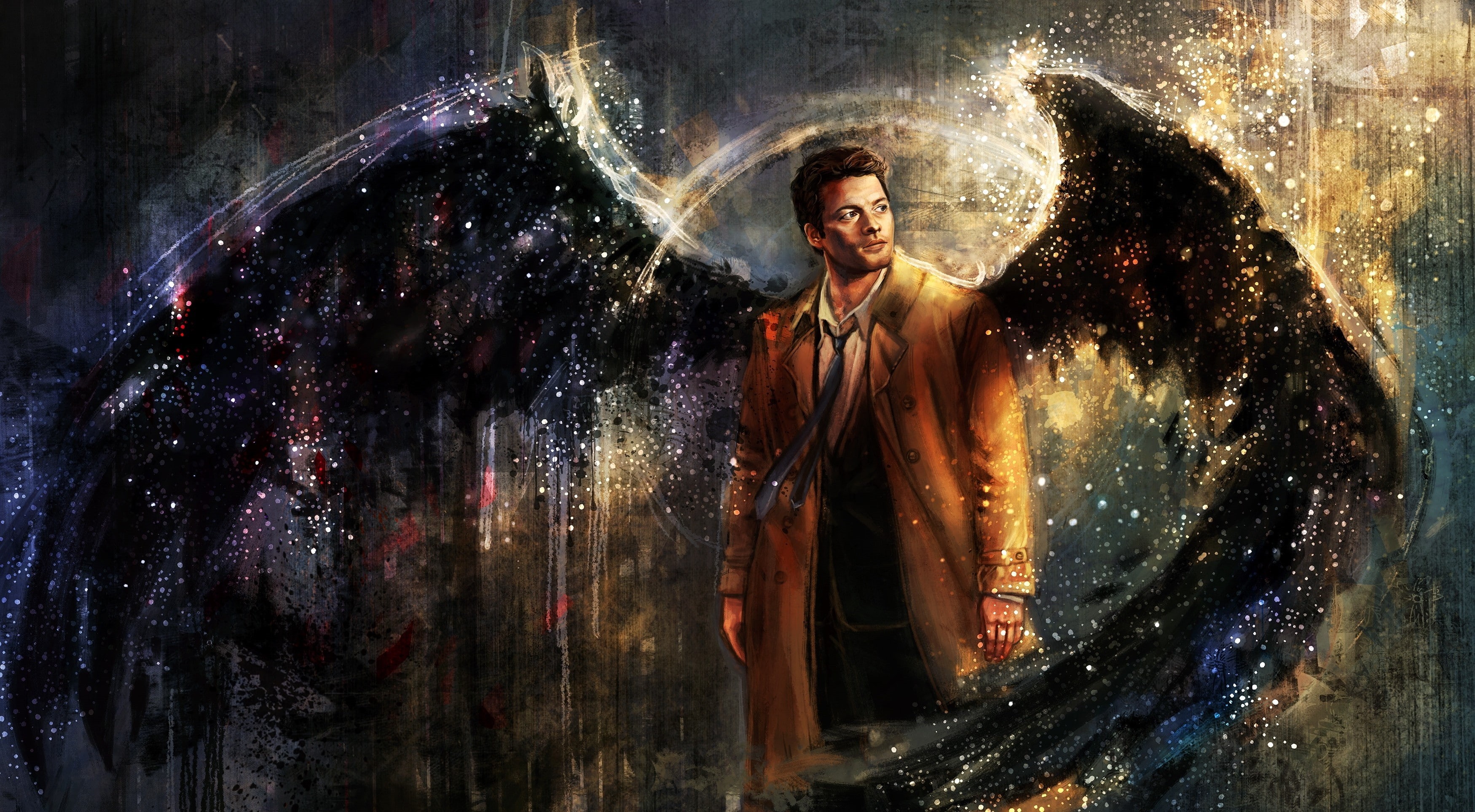 painting, drawing, Castiel, wings, Supernatural, artwork, 2K, HD Wallpaper