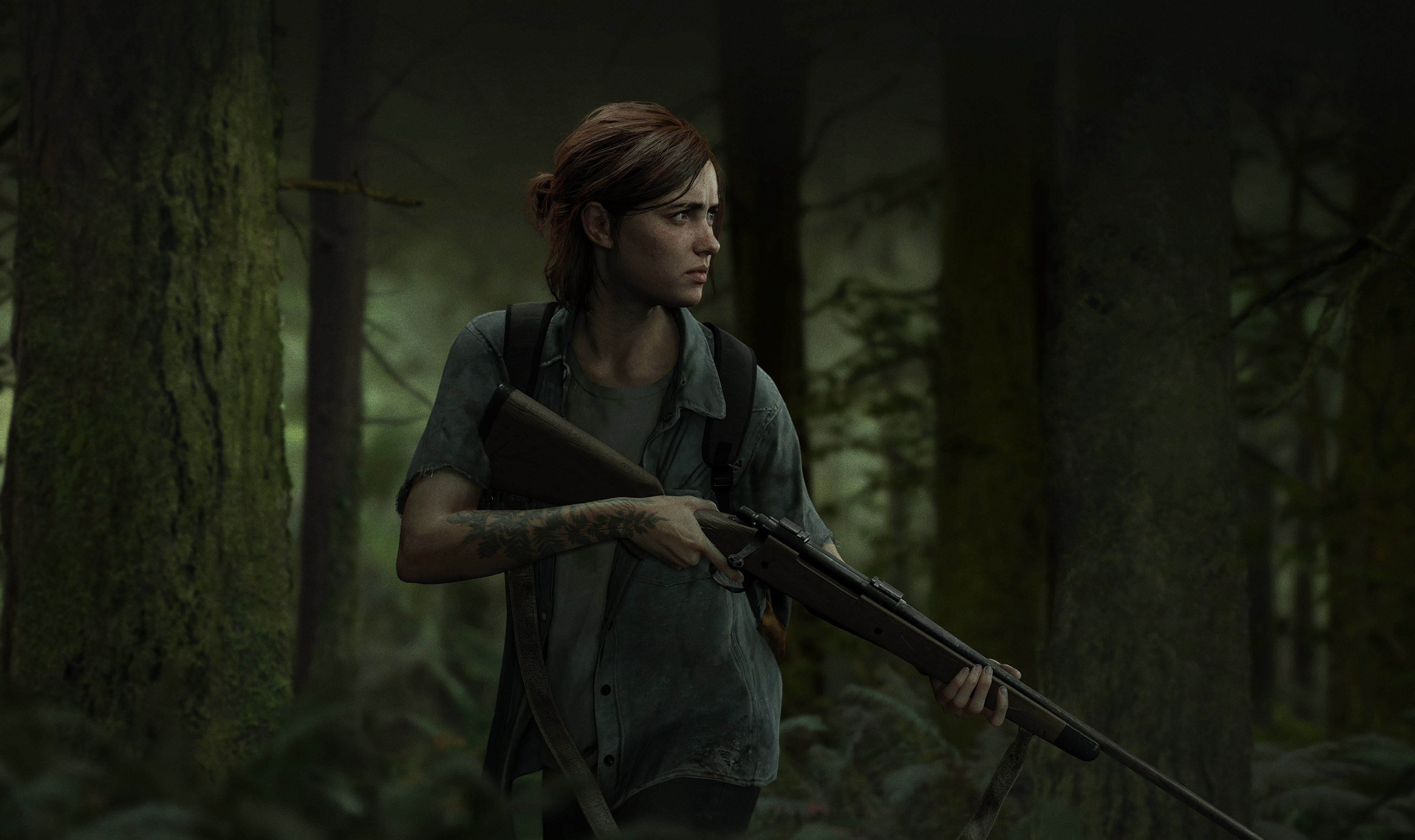 holding, 4K, focus on foreground, lifestyles, young adult, apocalyptic, front view, women, protagonist, tree, rifles, young women, standing, outdoors, HD Wallpaper