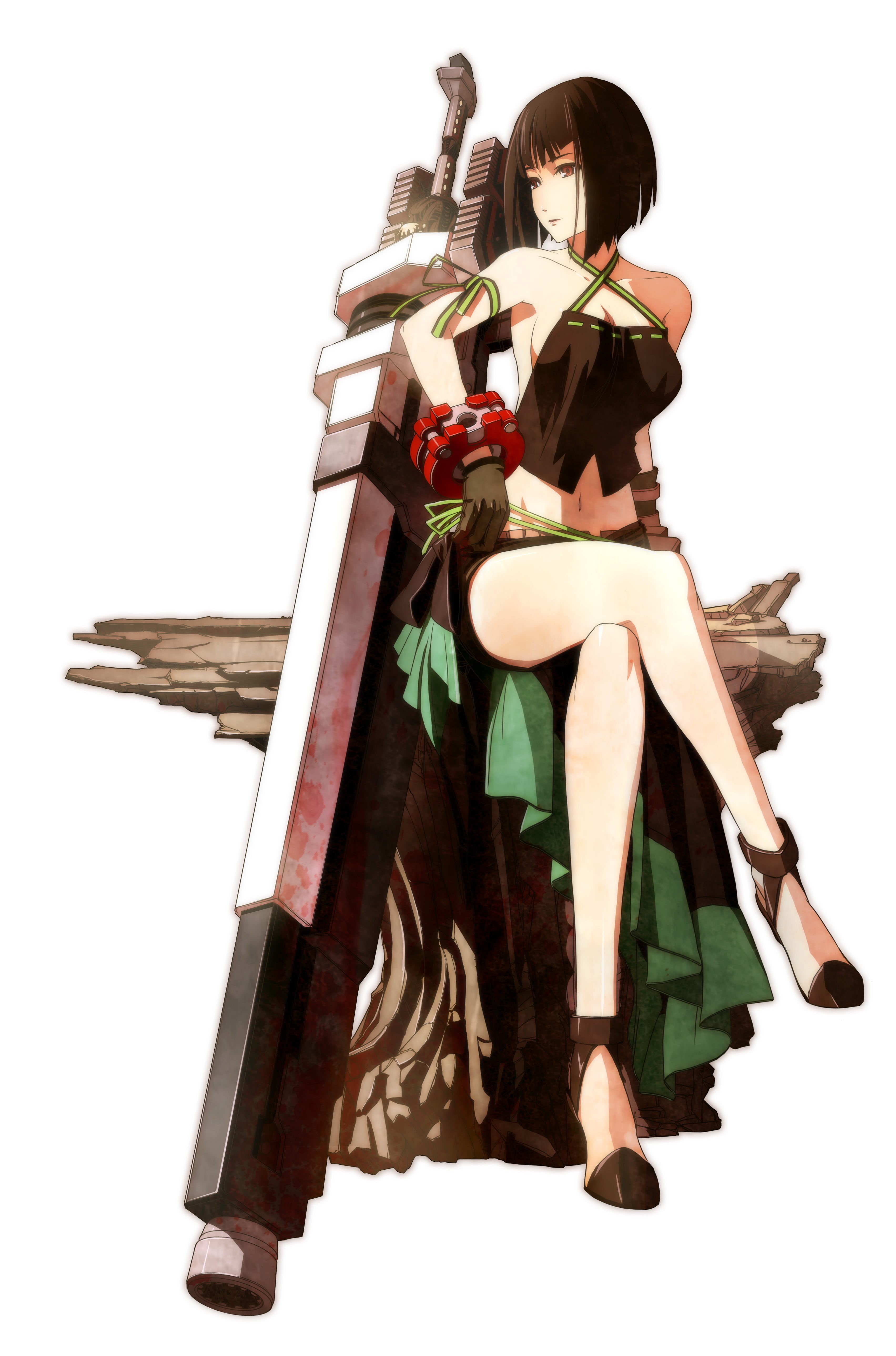 white background, studio shot, Sakuya Tachibana, sitting, sword, the past, clothing, God Eater, history, music, females, illustration, classical style, Phone HD Wallpaper